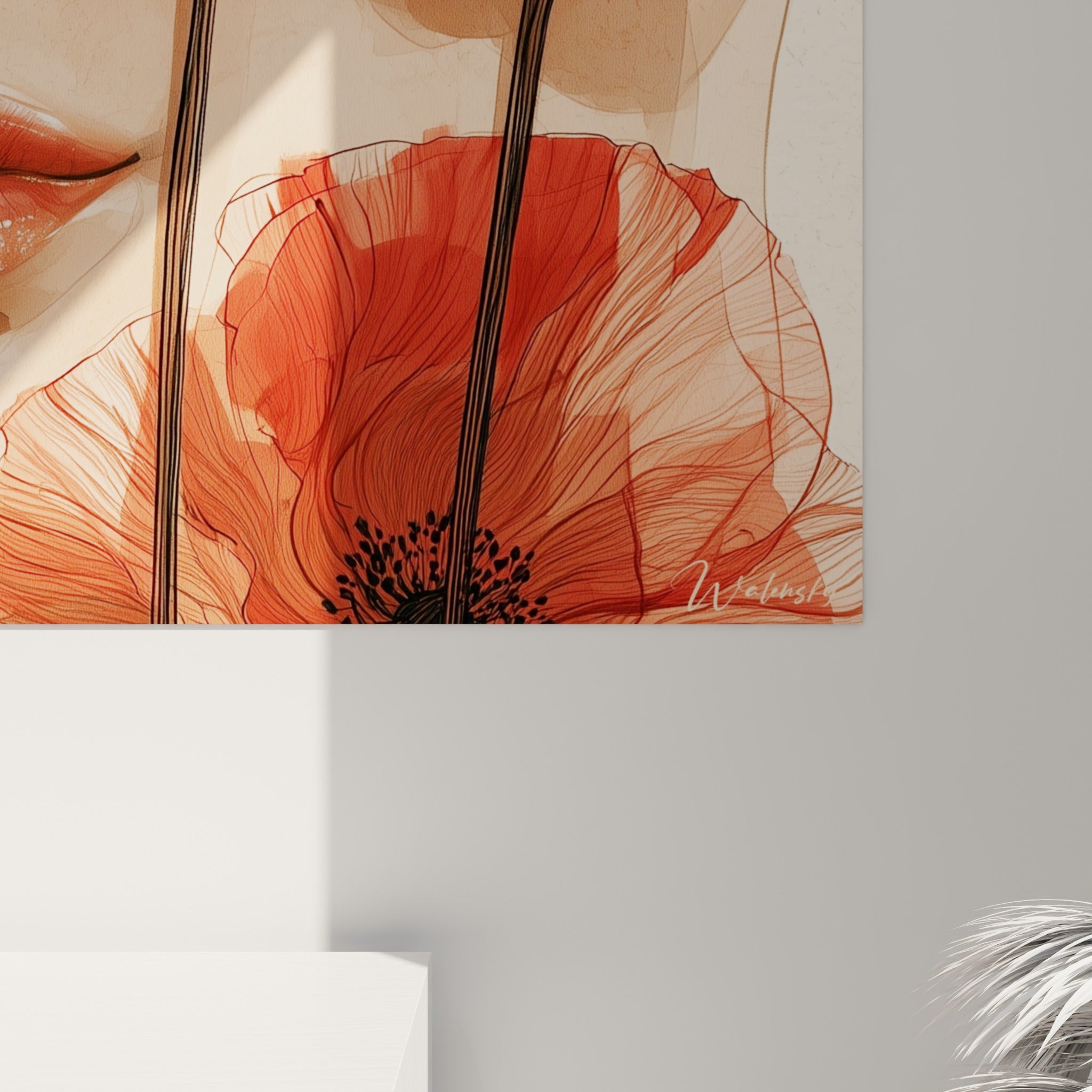 Détail des traits à l'encre noire et des pétales rouge vermillon superposés sur la peau beige nacrée.