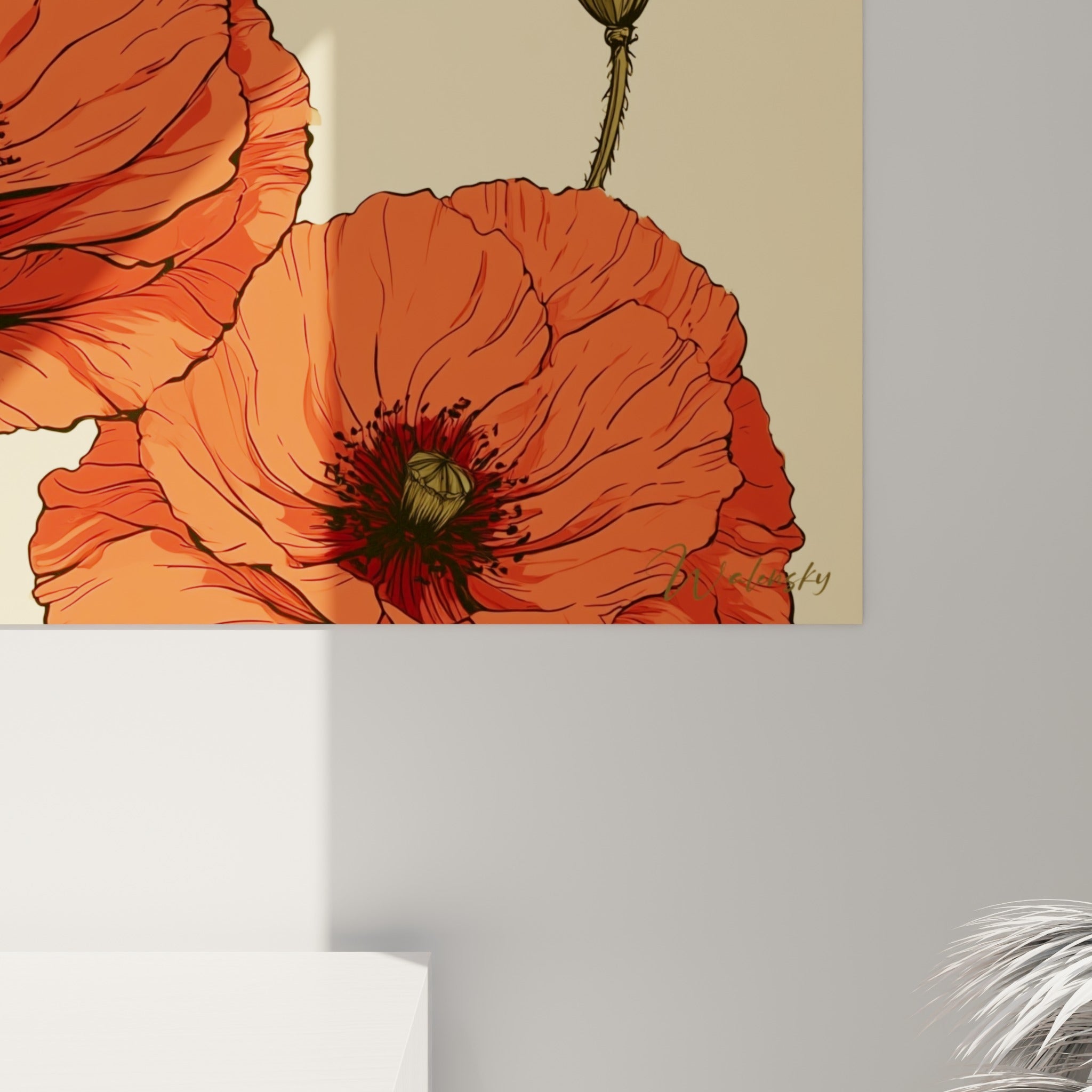 Détail des pétales rouge vermillon et des nervures noires finement tracées sur fond beige crème