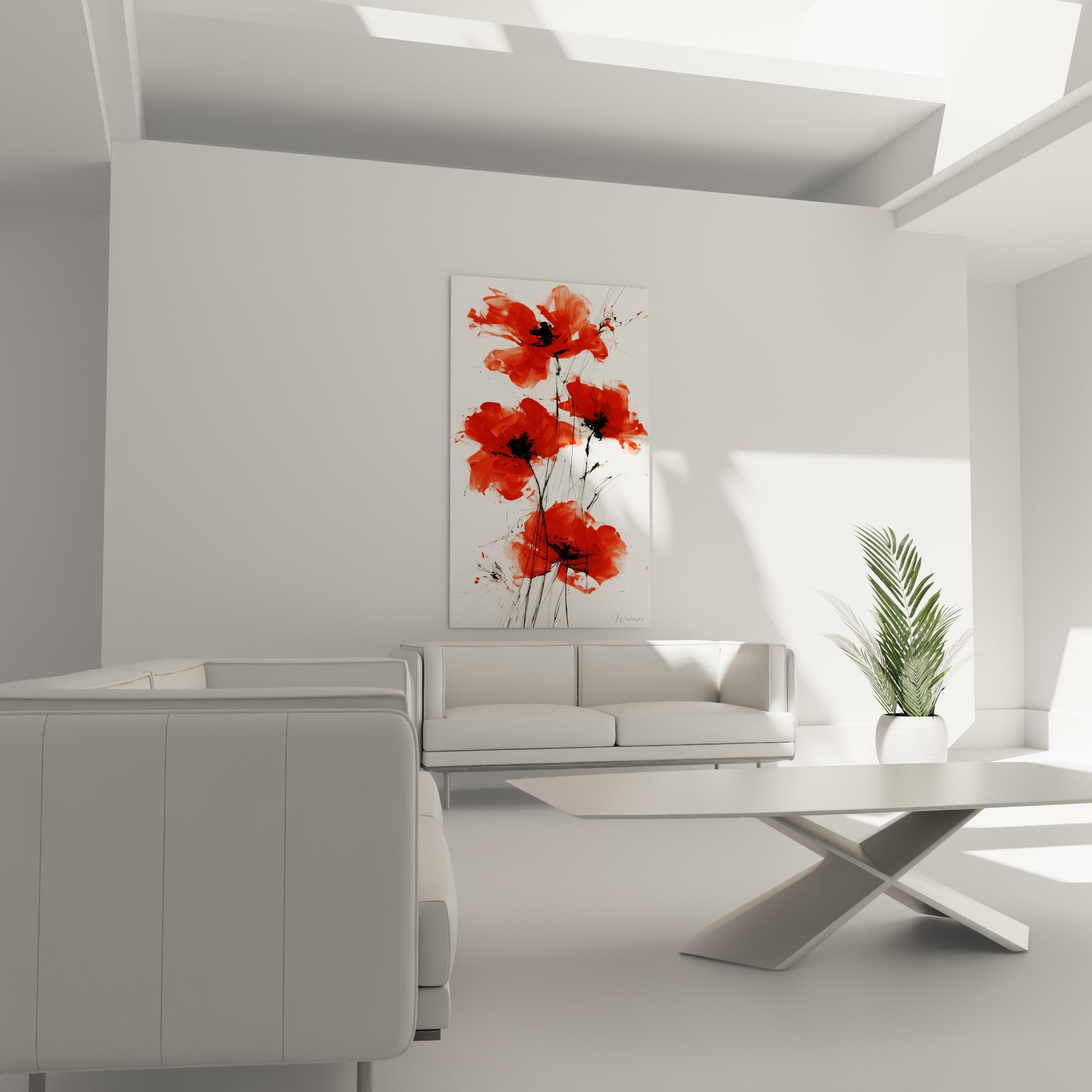 Fleurs écarlates aux tiges nerveuses noires ornent la toile, accrochée au-dessus d'un canapé dans un salon lumineux