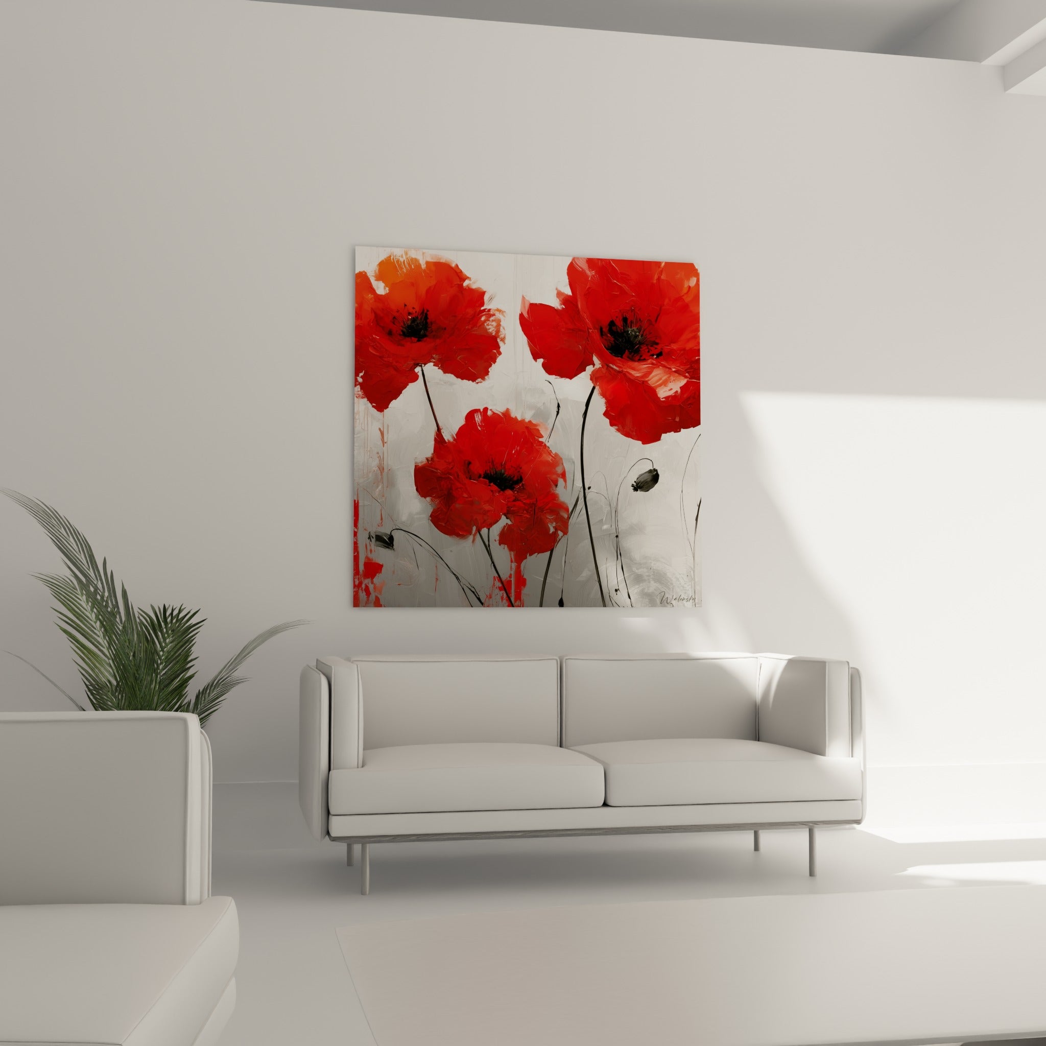 Corolles rouge écarlate et fond gris nuancé de cette œuvre florale au-dessus d'un canapé dans un salon lumineux
