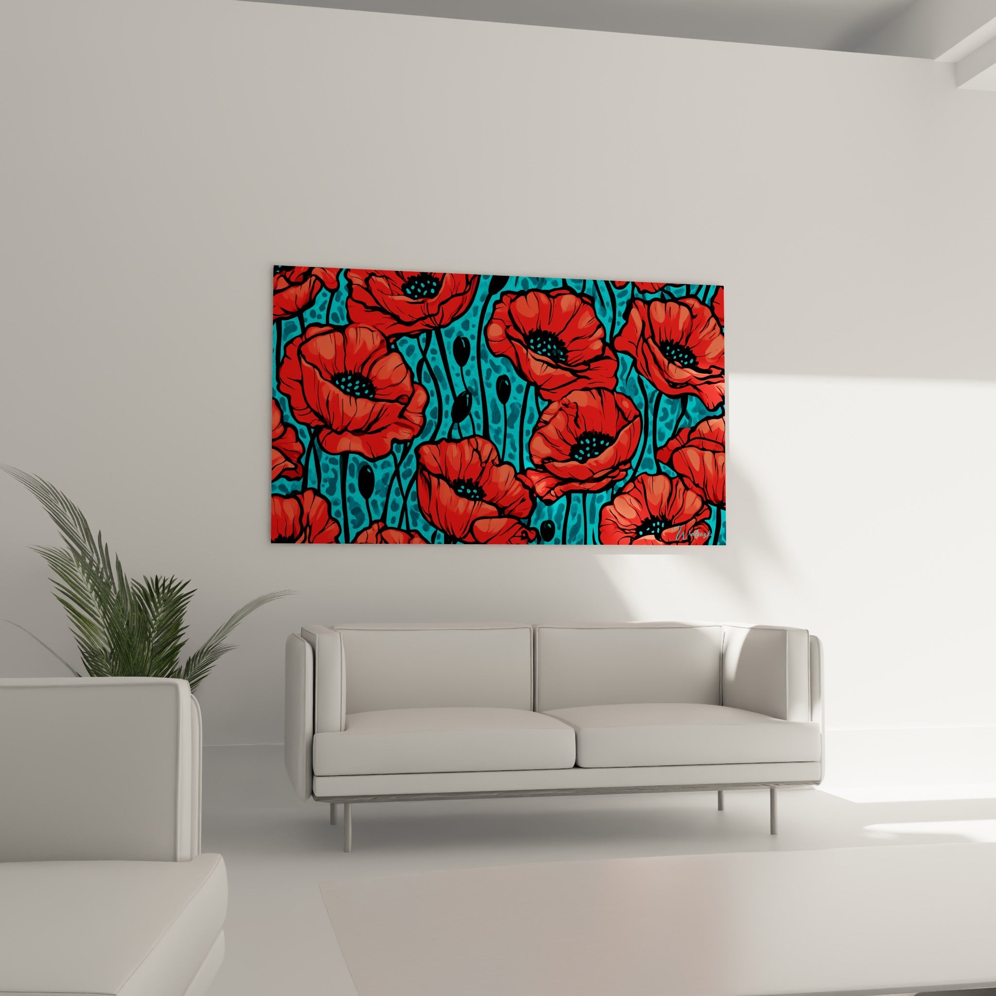 Fleurs de coquelicots écarlates sur fond bleu sarcelle installées au-dessus d'un canapé dans un salon lumineux