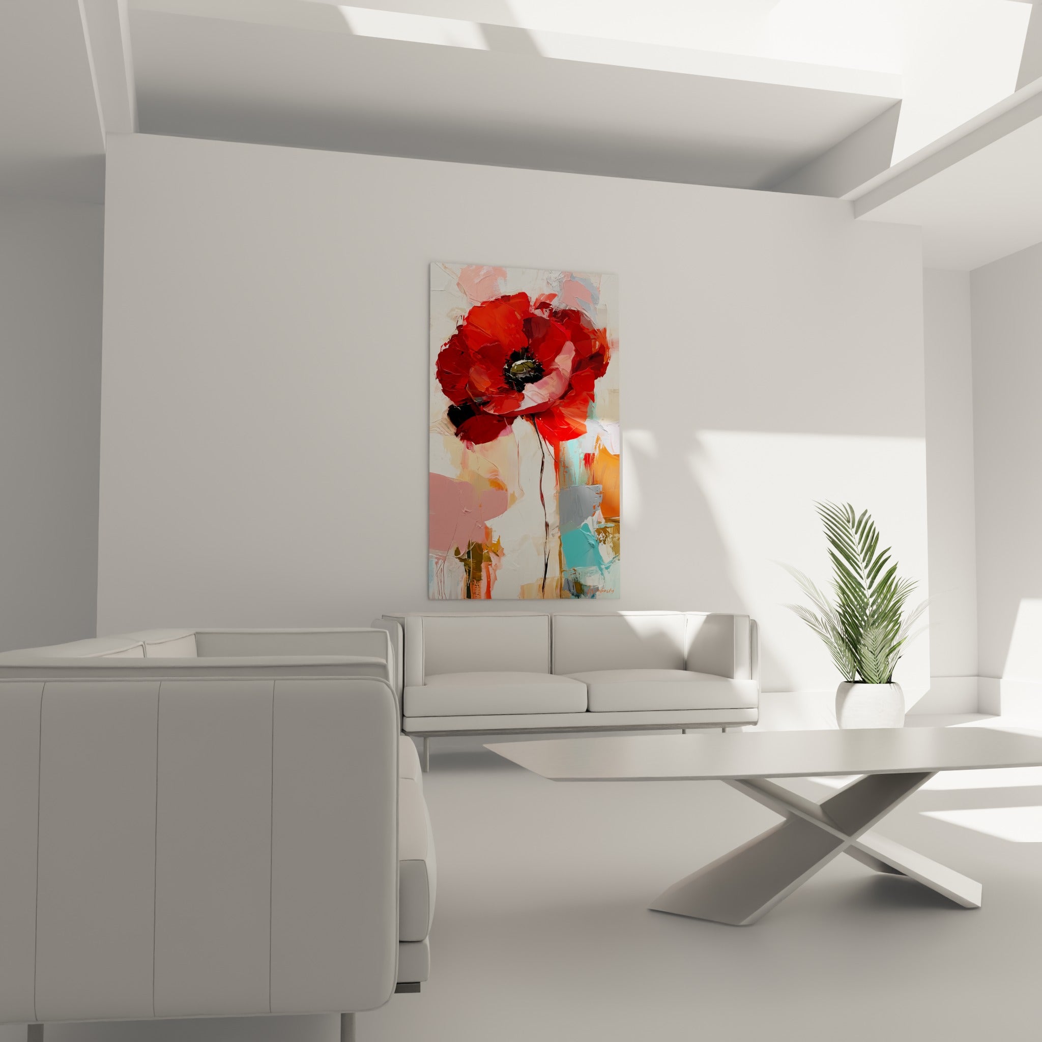Pétales écarlates et roses texturés au couteau, au-dessus d'un canapé dans un salon lumineux