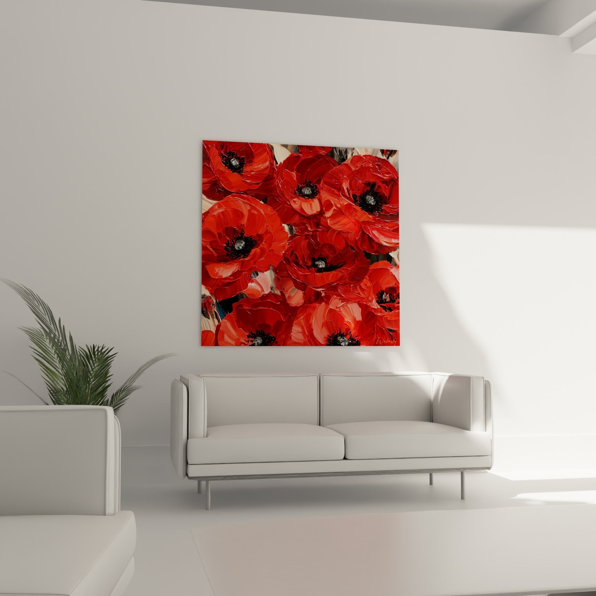Fleurs de coquelicot rouge sombre et cœurs argentés placées au-dessus d'un canapé dans un salon lumineux