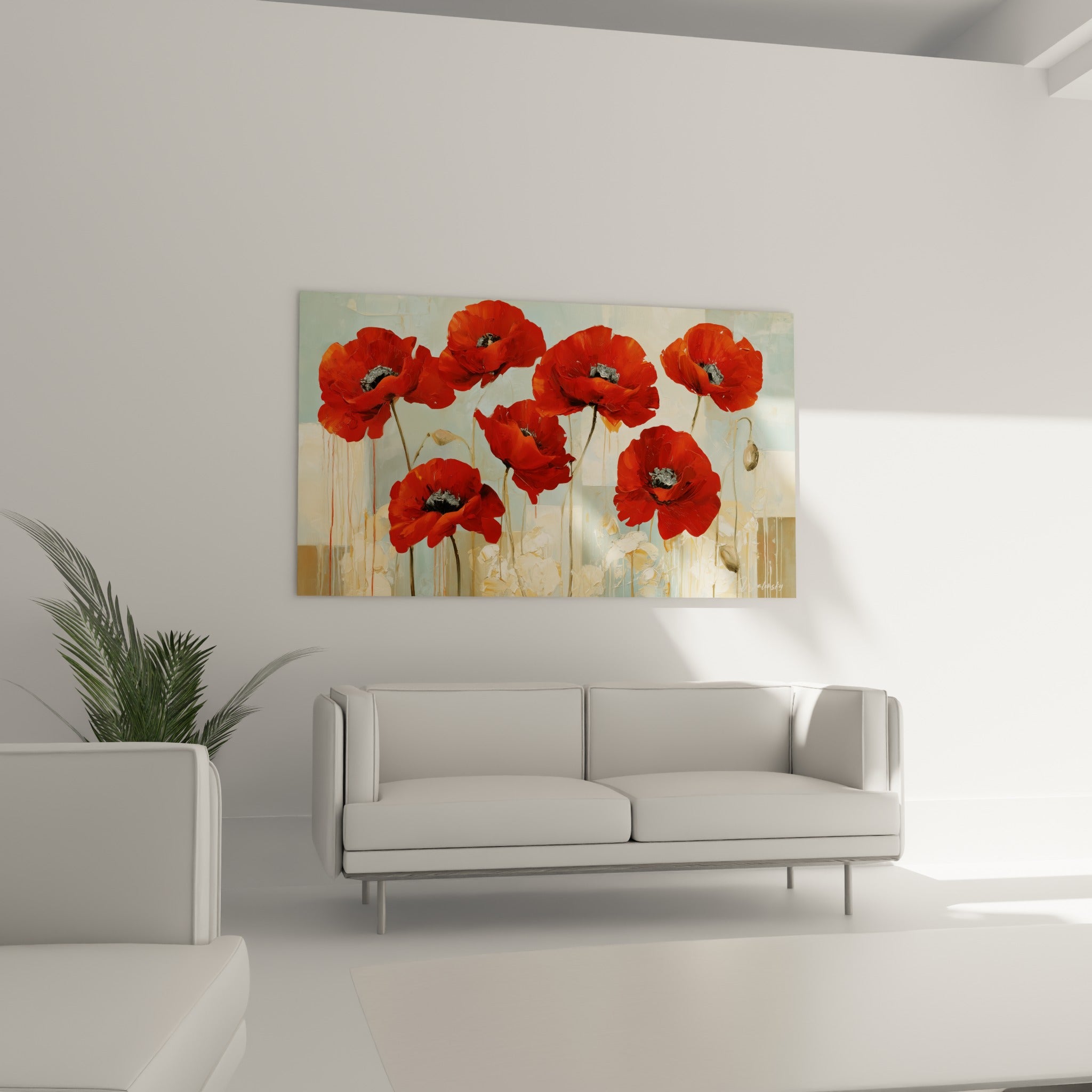 Fleurs de coquelicot rouge écarlate et crème suspendues au-dessus d'un canapé dans un salon lumineux