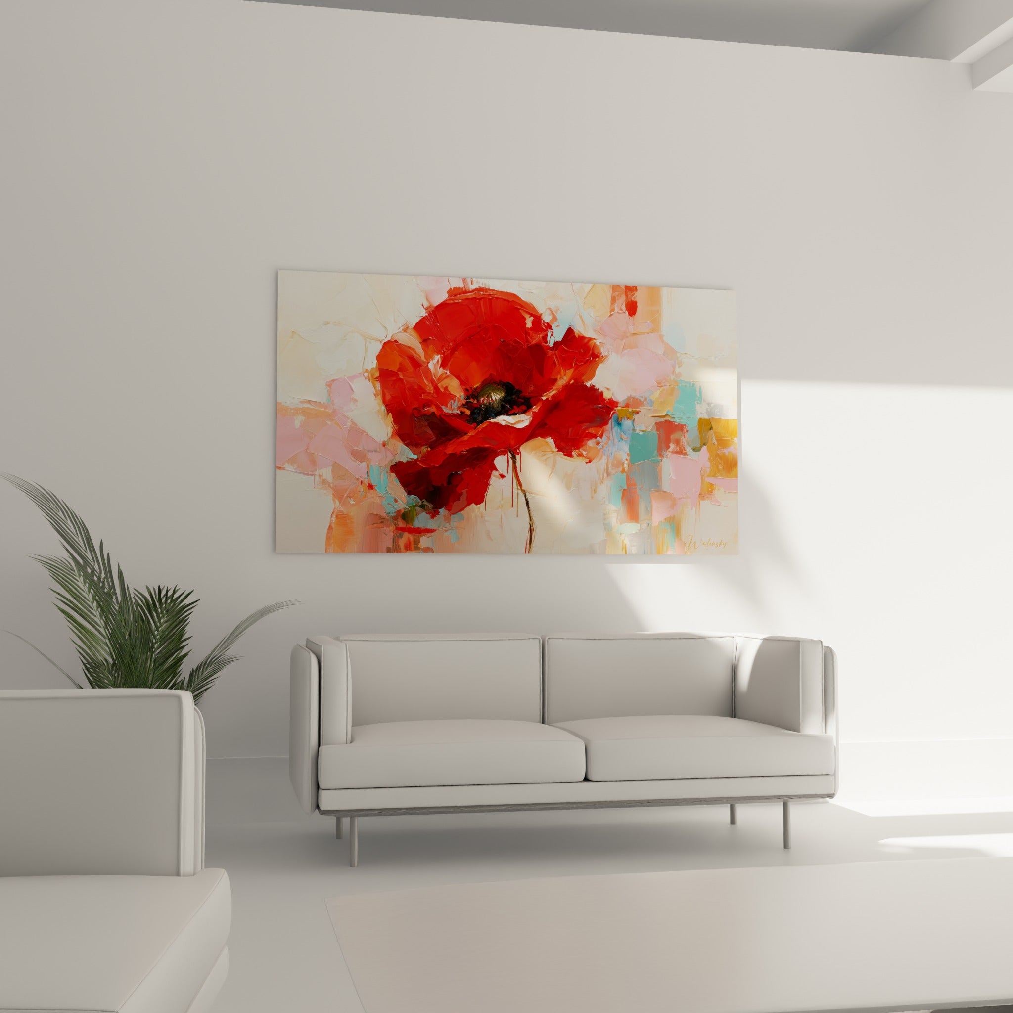 Pétales rouges empâtés du coquelicot entourés de touches beiges accrochés au-dessus d'un canapé dans un salon lumineux