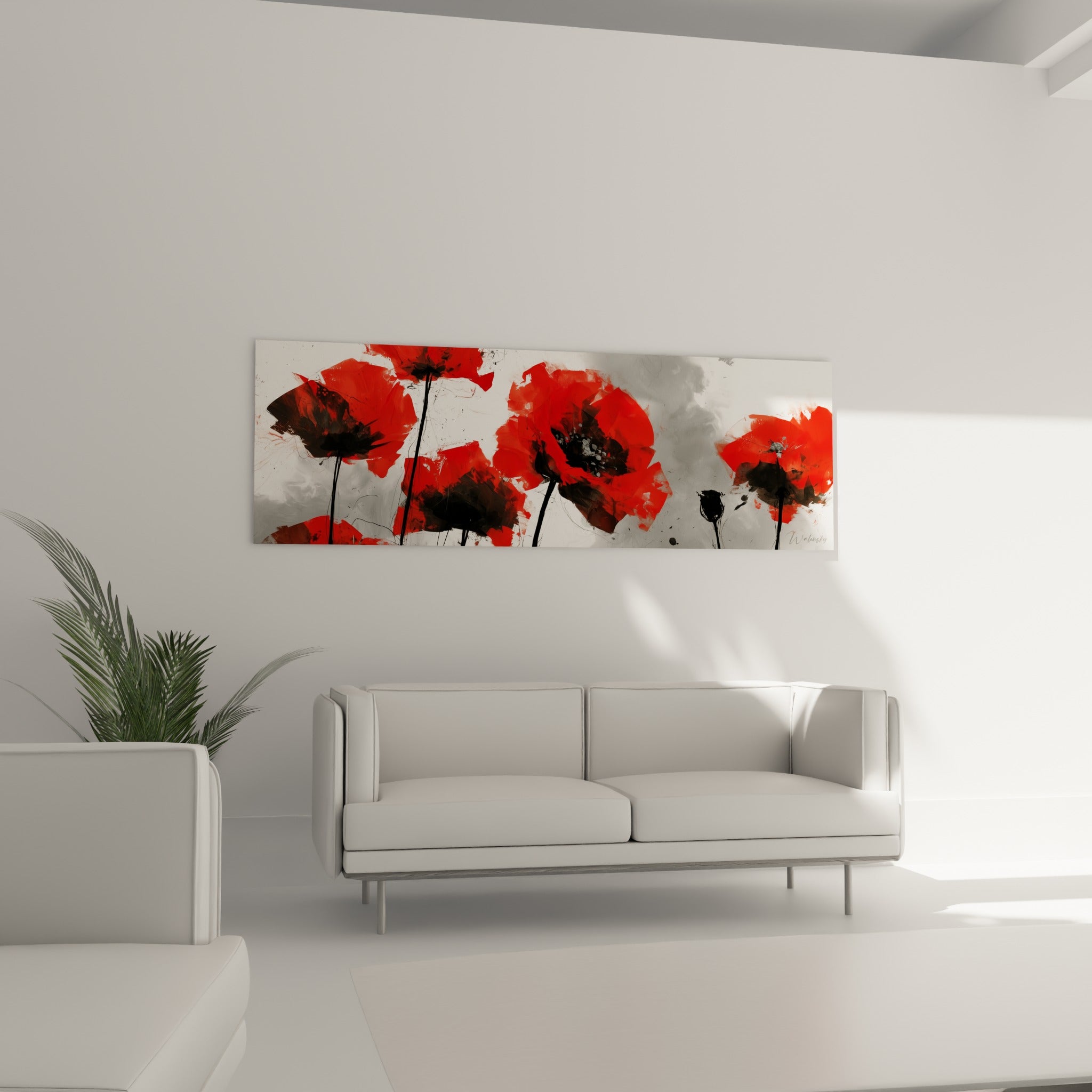 Pétales rouge écarlate et cœurs noirs de coquelicots accrochés au-dessus d'un canapé dans un salon lumineux