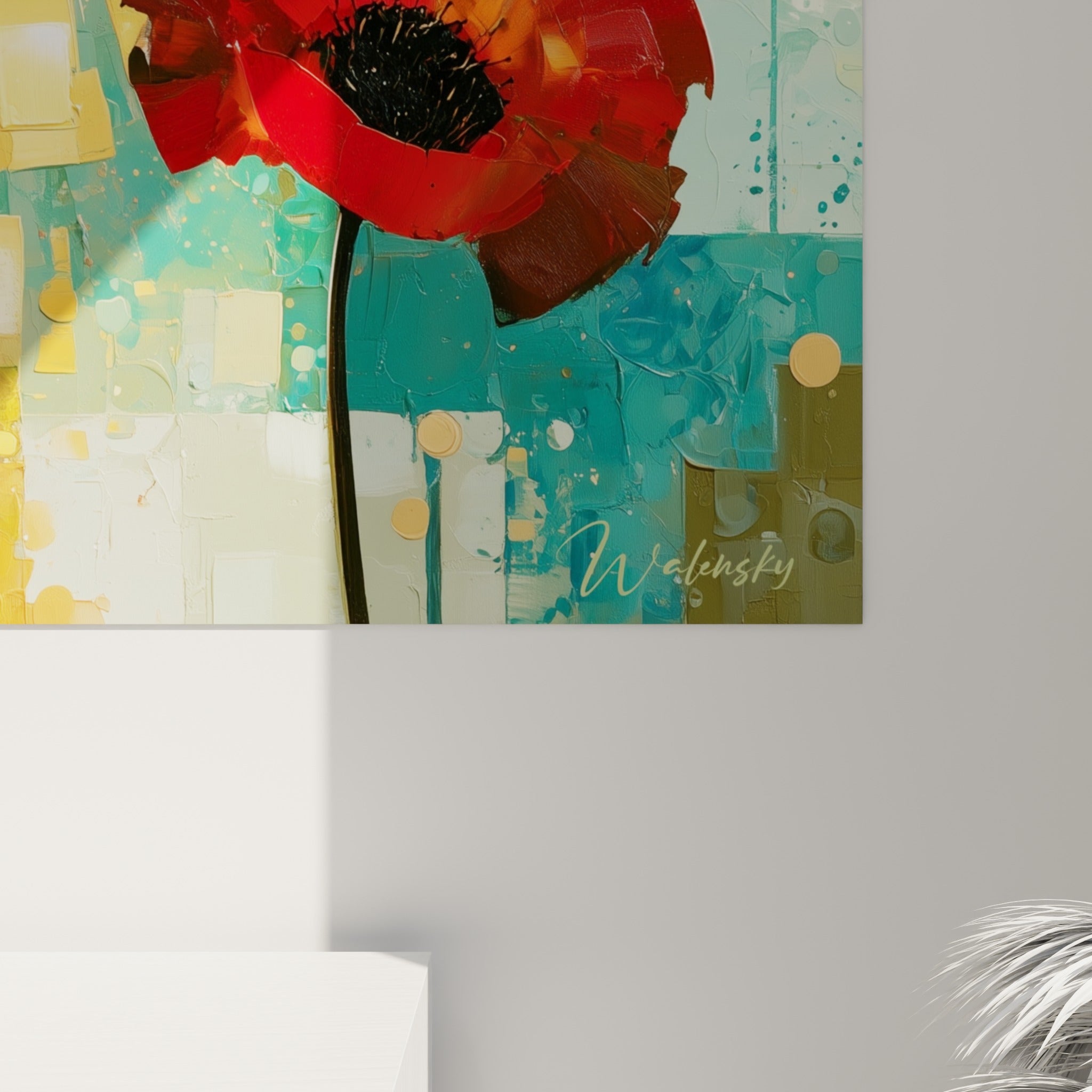 Empâtements de peinture rouge et bordeaux visibles sur le pétale du coquelicot accroché