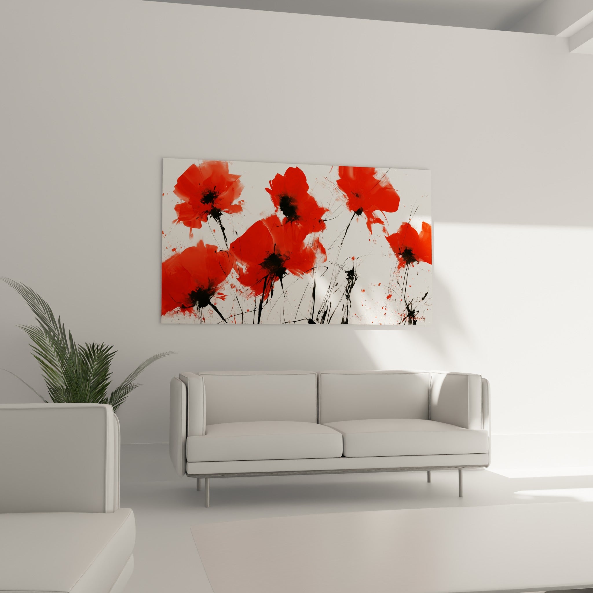 Bouquet de coquelicots écarlates aux tiges noires filiformes, au-dessus d'un canapé dans un salon lumineux