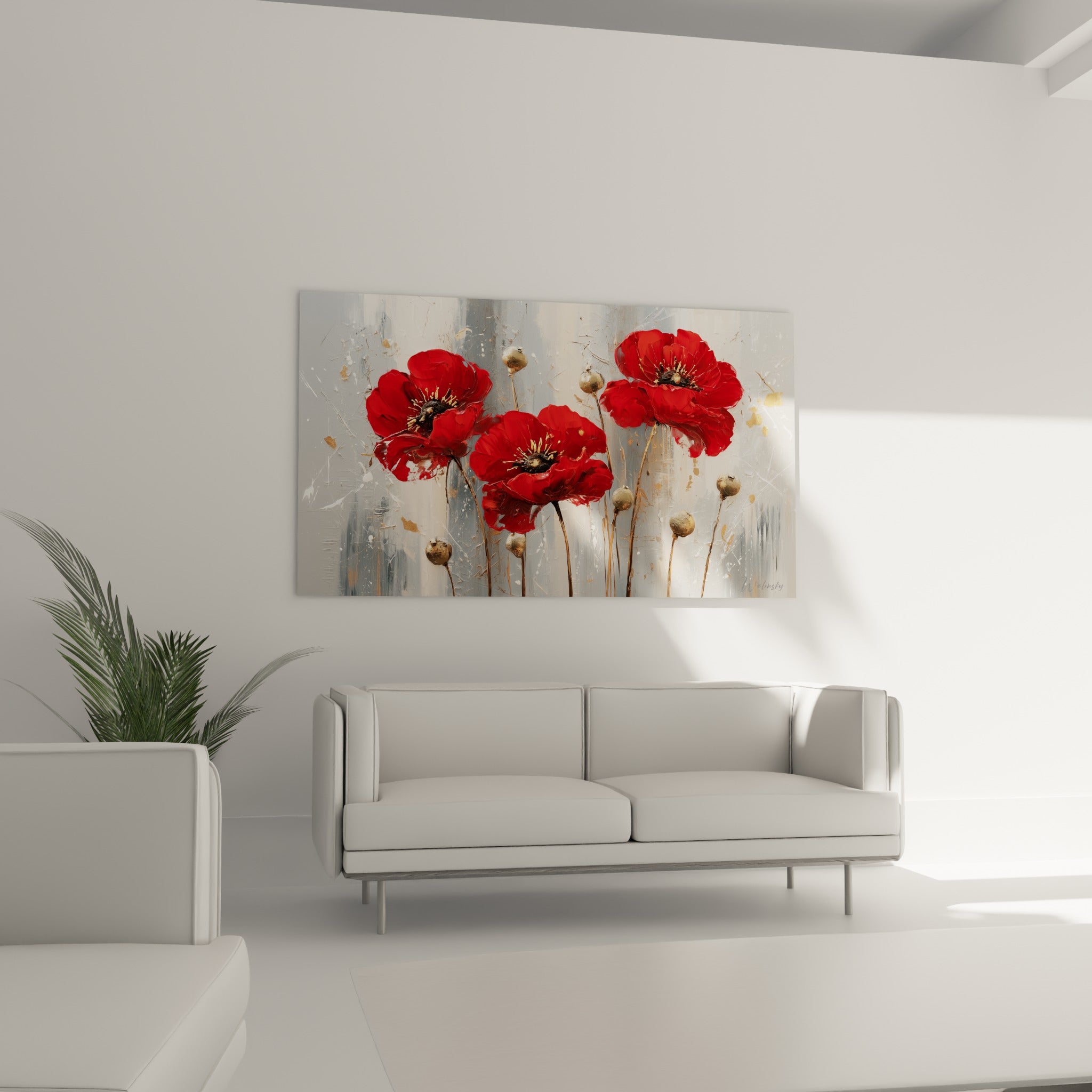 Fleurs de coquelicot rouge vif et tiges brunes composent une œuvre suspendue dans un salon lumineux