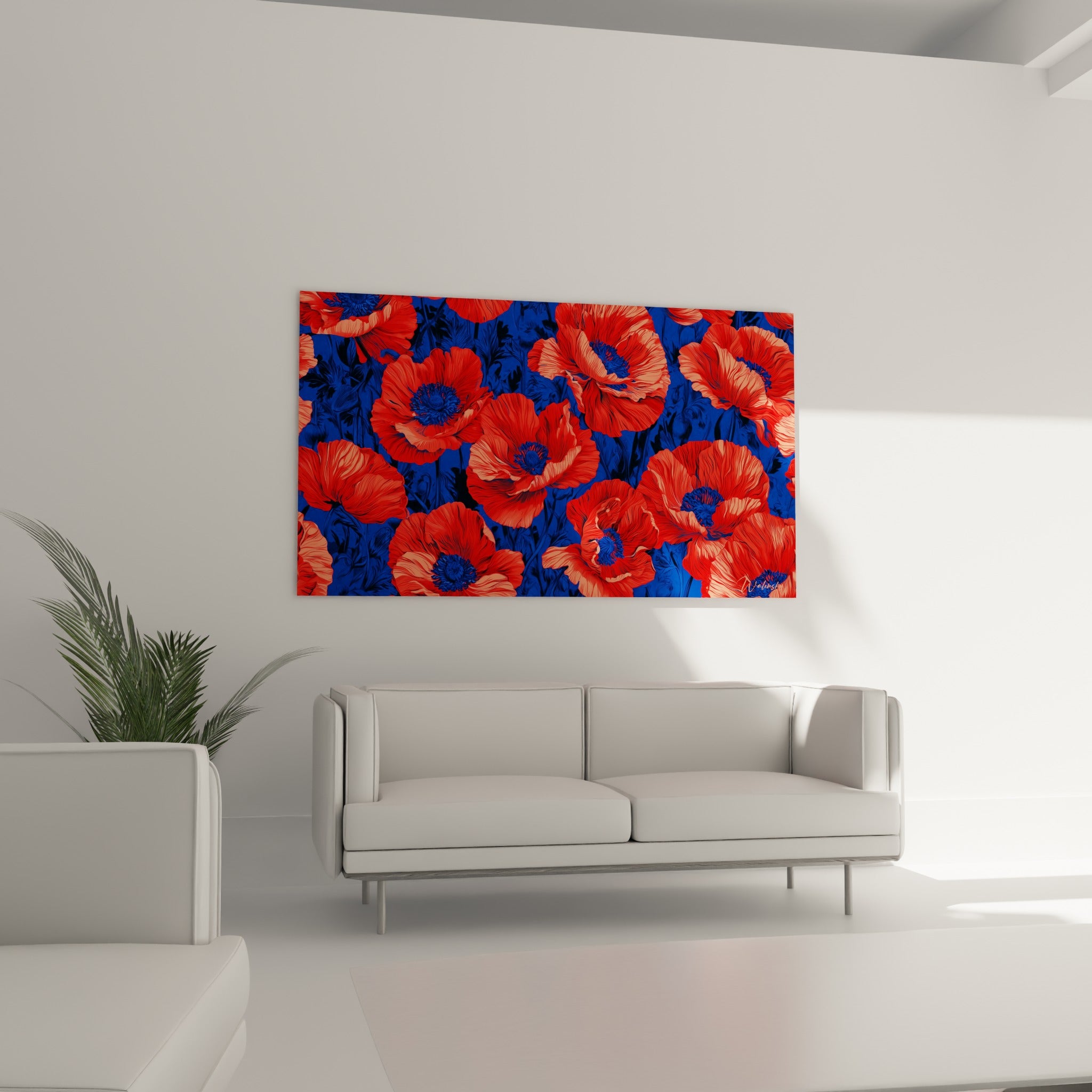 Motif floral coquelicot rouge et corail accroché au-dessus d'un canapé dans un salon lumineux