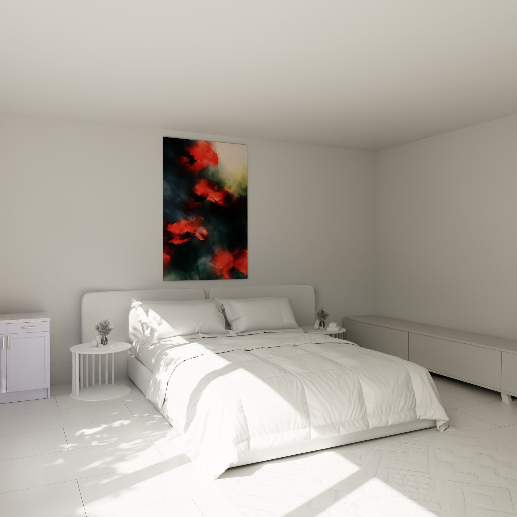 Fleurs de coquelicot rouges et sombres au-dessus d'un lit dans une chambre claire