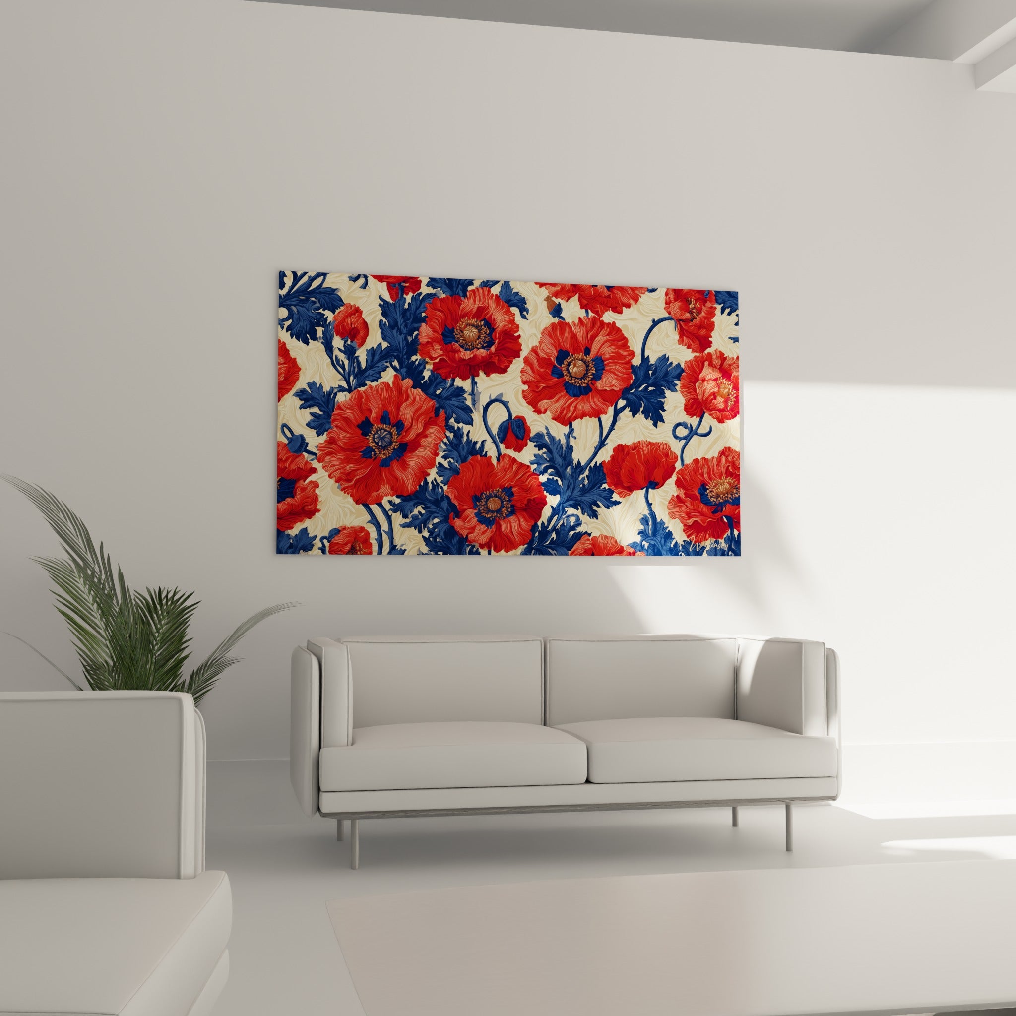 Pétales de coquelicot rouge ondulés et feuillage bleu marine accrochés au-dessus d'un canapé dans un salon lumineux