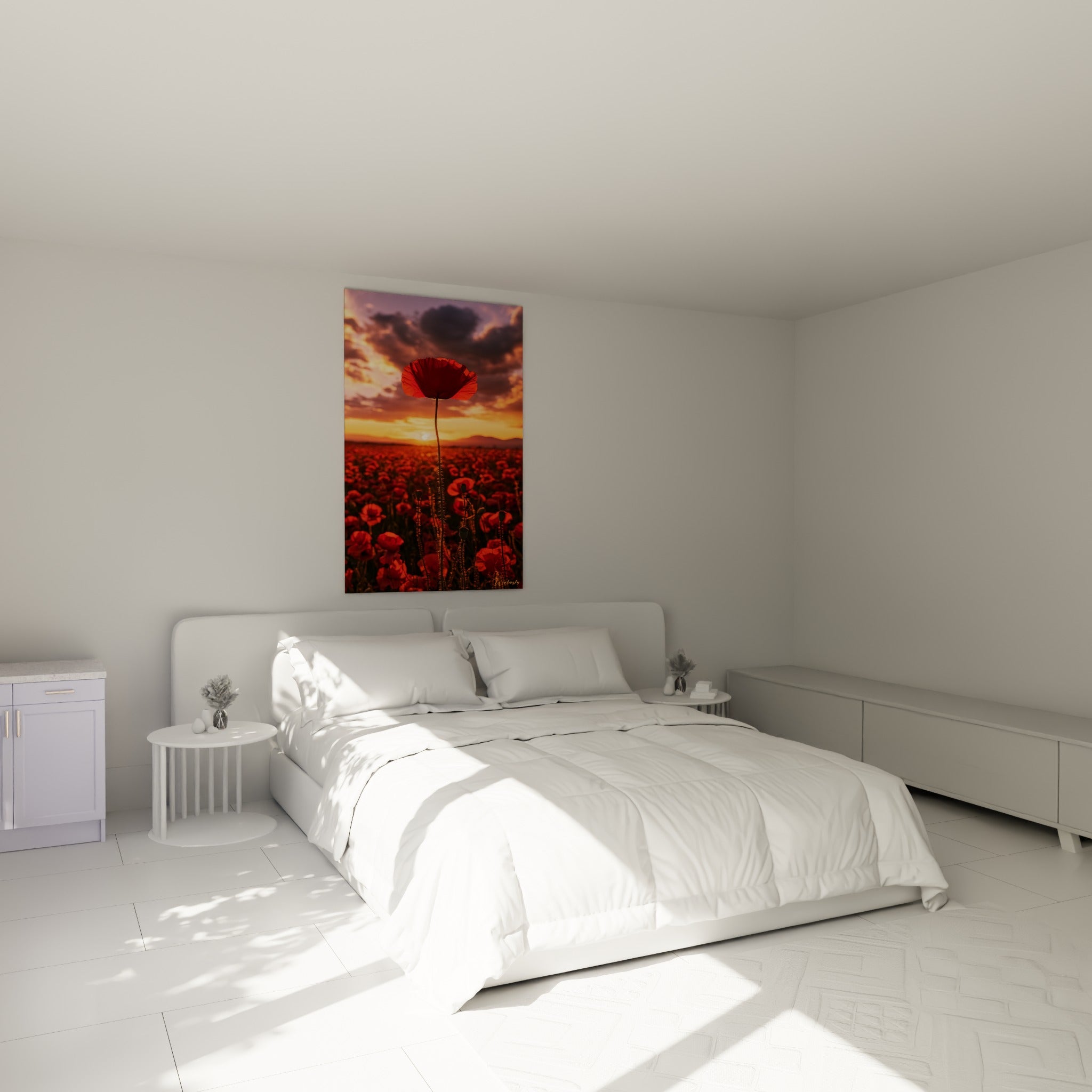 Fleur rouge écarlate en contre-jour orangé, au-dessus d'un lit dans une chambre claire
