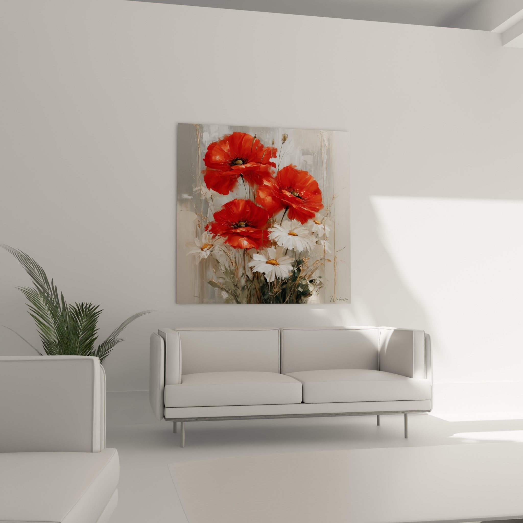 Fleurs de coquelicot rouge et marguerite blanche au-dessus d'un canapé dans un salon lumineux