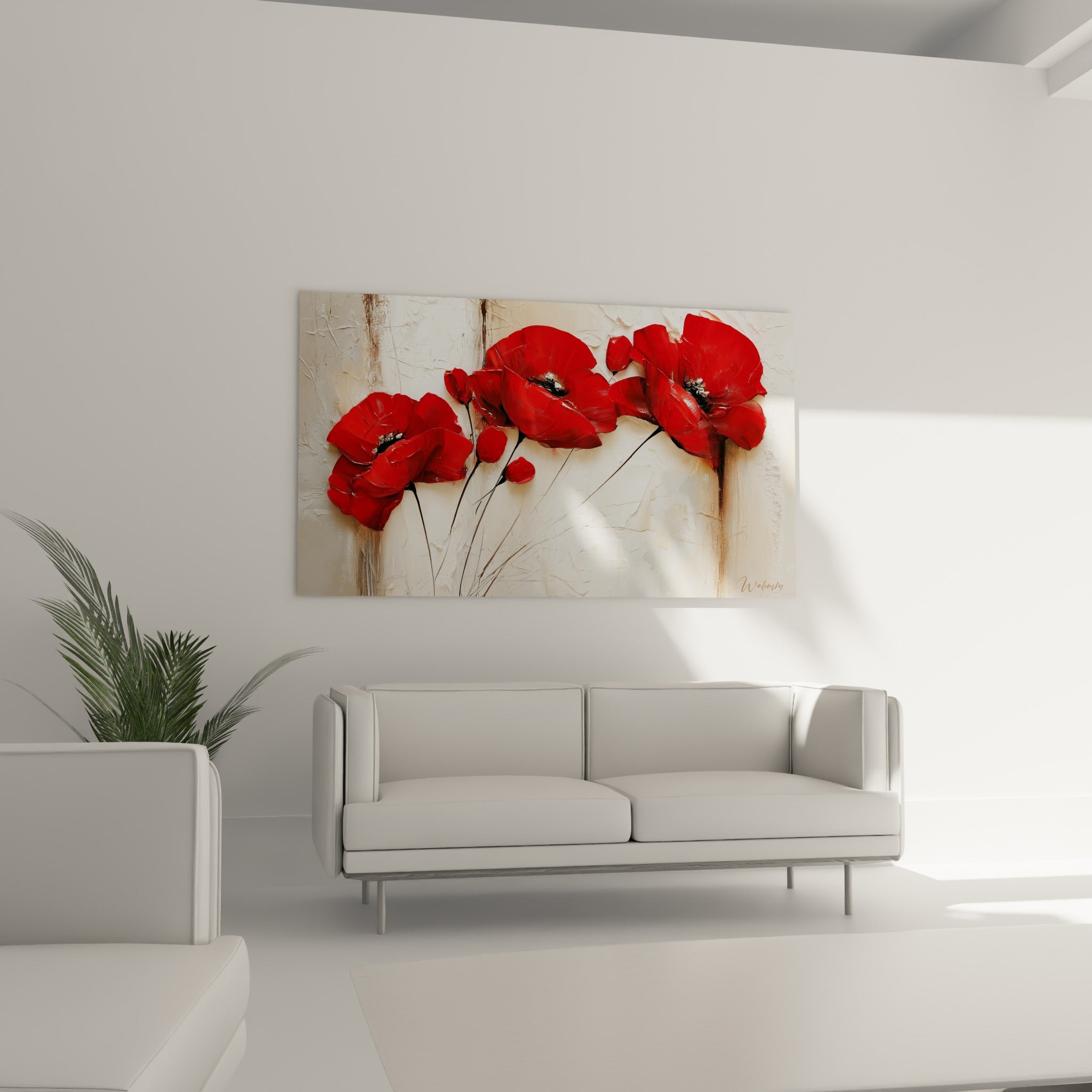 Fleurs de coquelicot rouge vif et fond beige texturé au-dessus d'un canapé dans un salon lumineux
