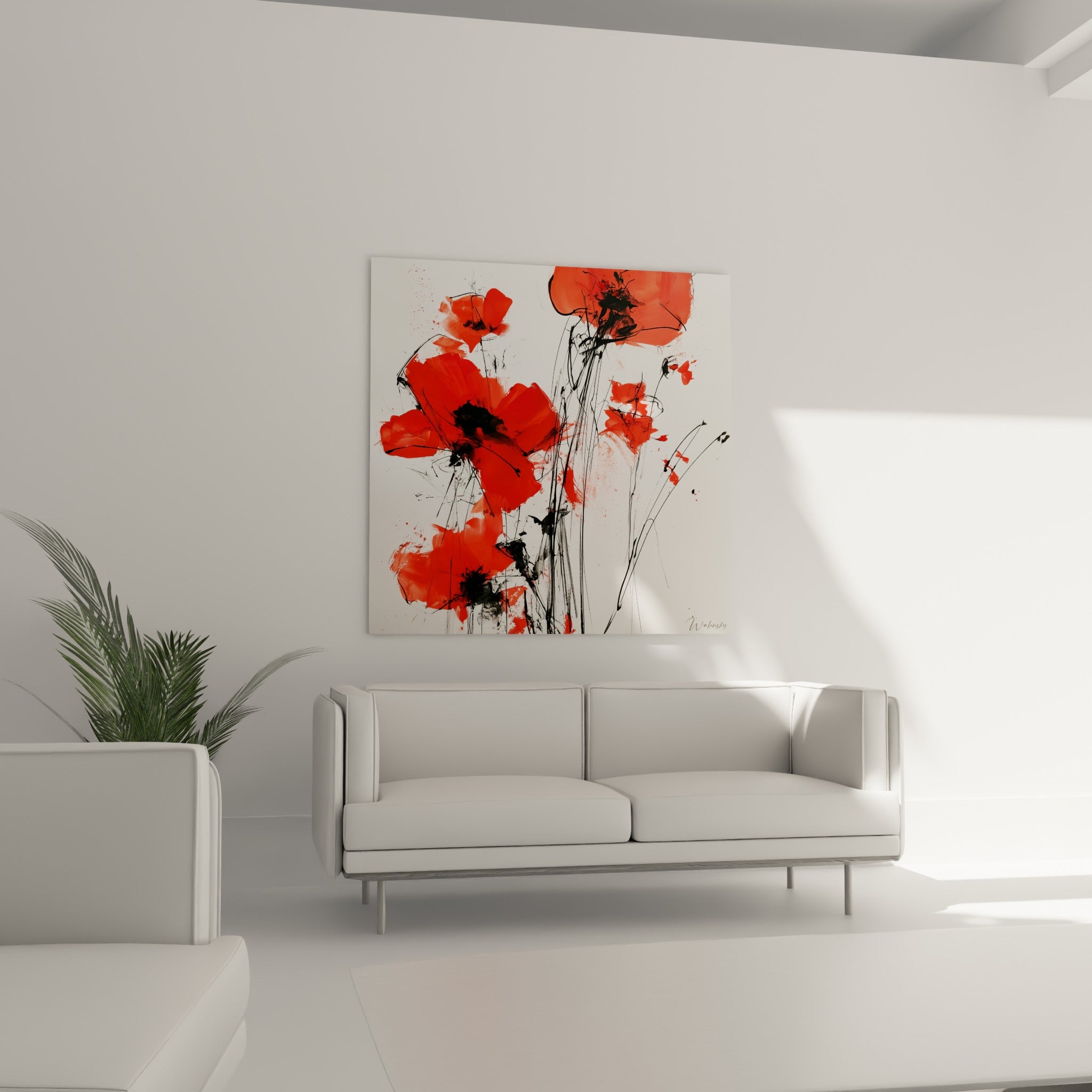 Fleurs rouges éclatantes aux traits d'encre nerveux disposées au-dessus d'un canapé dans un salon lumineux