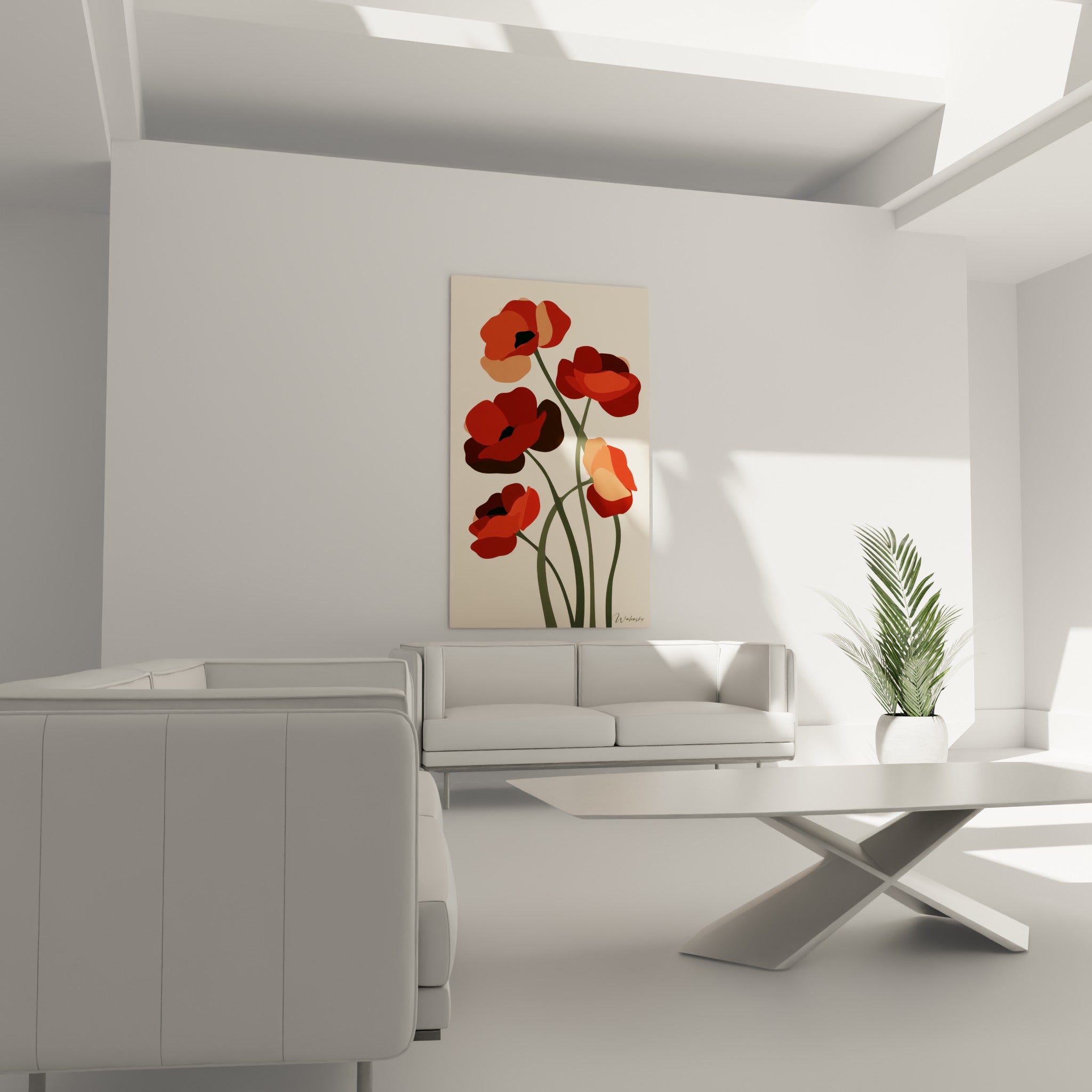 Fleurs de coquelicot orangées et bordeaux disposées au-dessus d'un canapé dans un salon lumineux