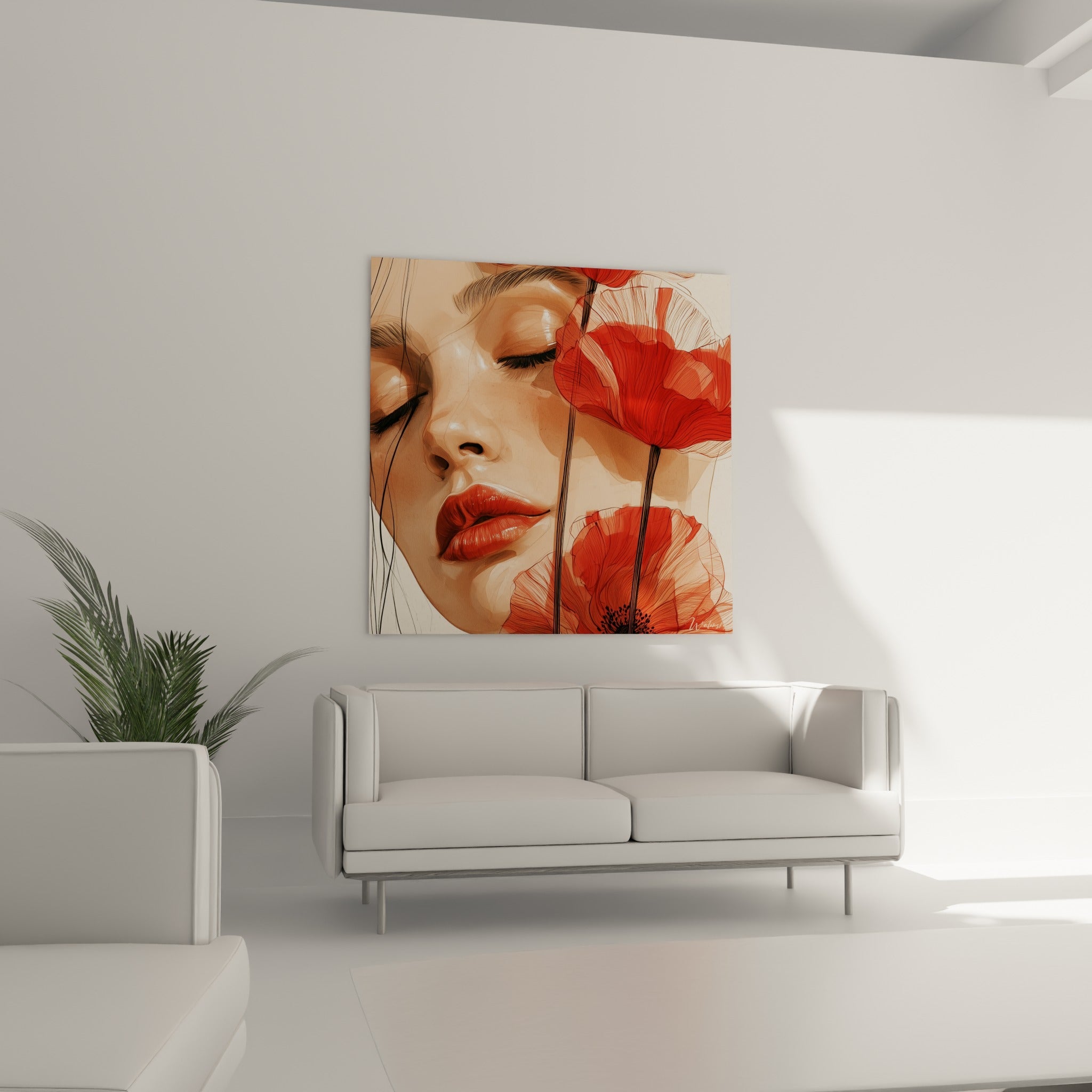 Fleurs de coquelicot écarlates et visage beige apaisé, disposés au-dessus d'un canapé dans un salon lumineux.