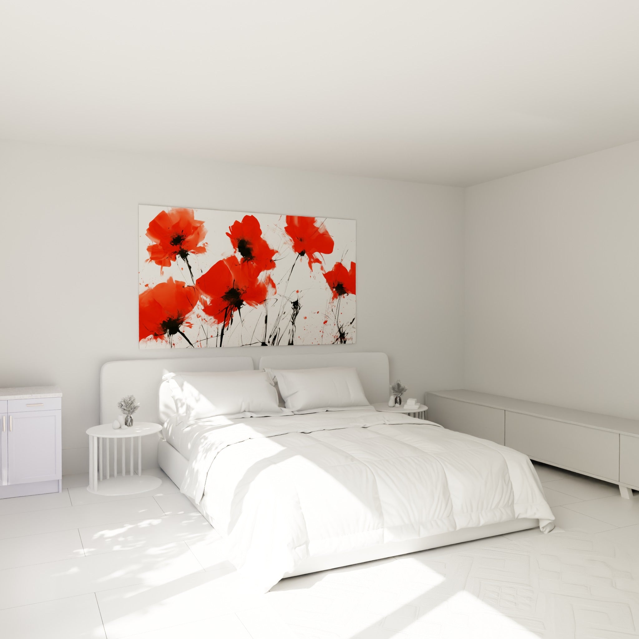 Fleurs de coquelicot rouge et noir en mouvement, accrochées au-dessus d'un lit dans une chambre claire