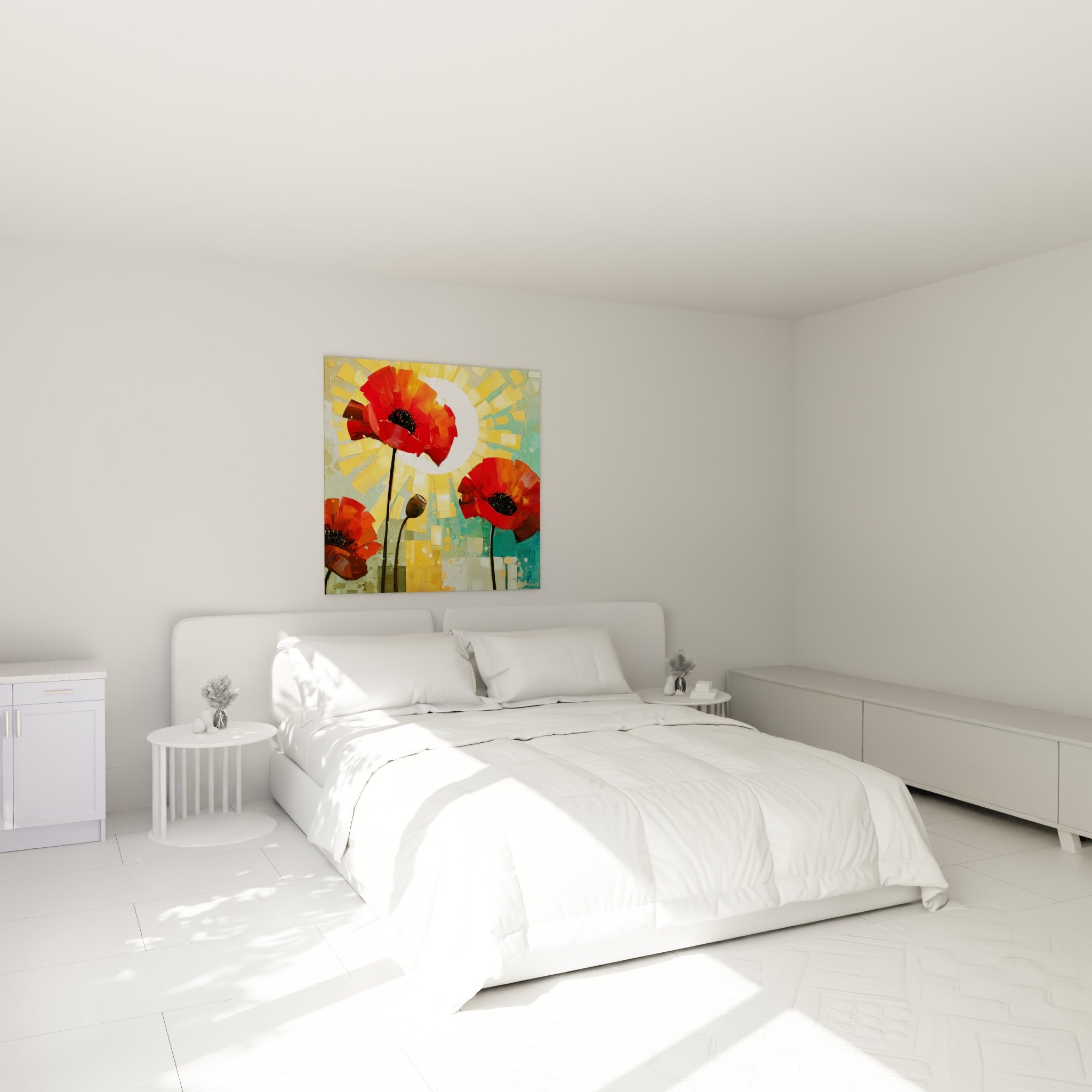 Fleurs de coquelicot rouges aux cœurs noirs texturés, accrochées au-dessus d'un lit dans une chambre claire