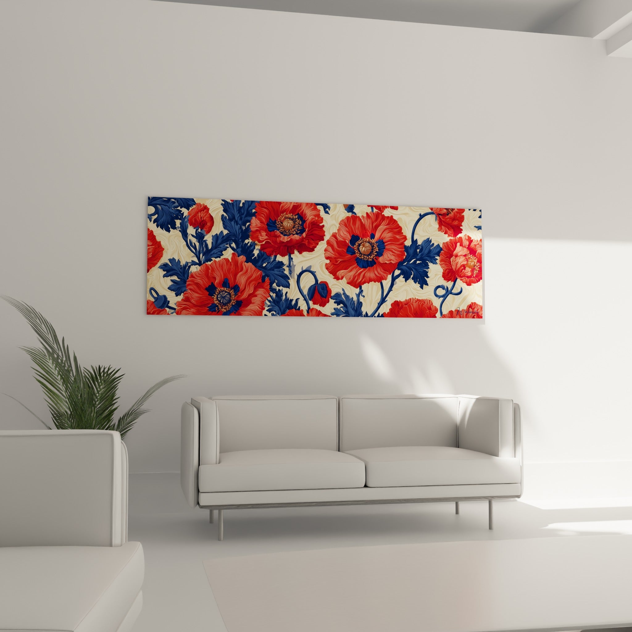 Fleurs de coquelicot rouge et bleu marine en pleine floraison, disposées au-dessus d'un canapé dans un salon lumineux