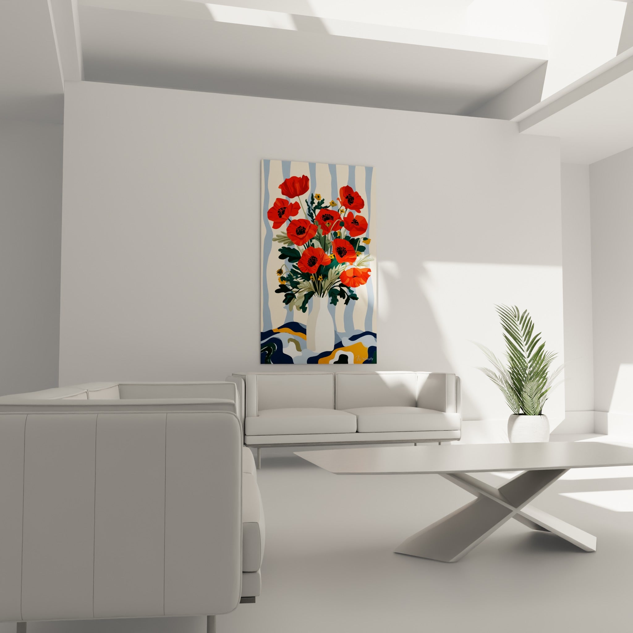 Fleurs de coquelicot rouge vif et vase blanc au-dessus d'un canapé dans un salon lumineux