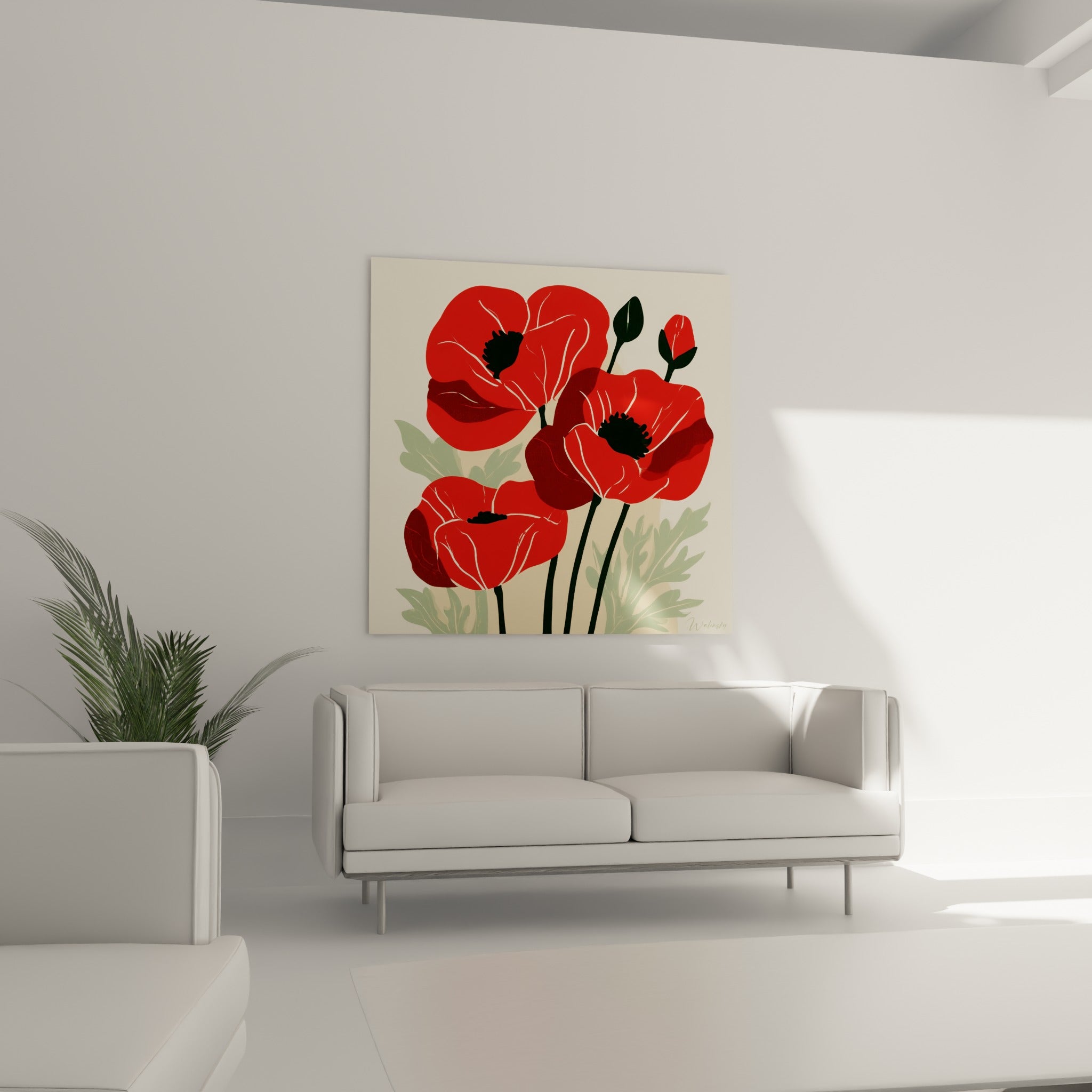 Quatre coquelicots rouges aux tiges vertes disposés au-dessus d'un canapé dans un salon lumineux