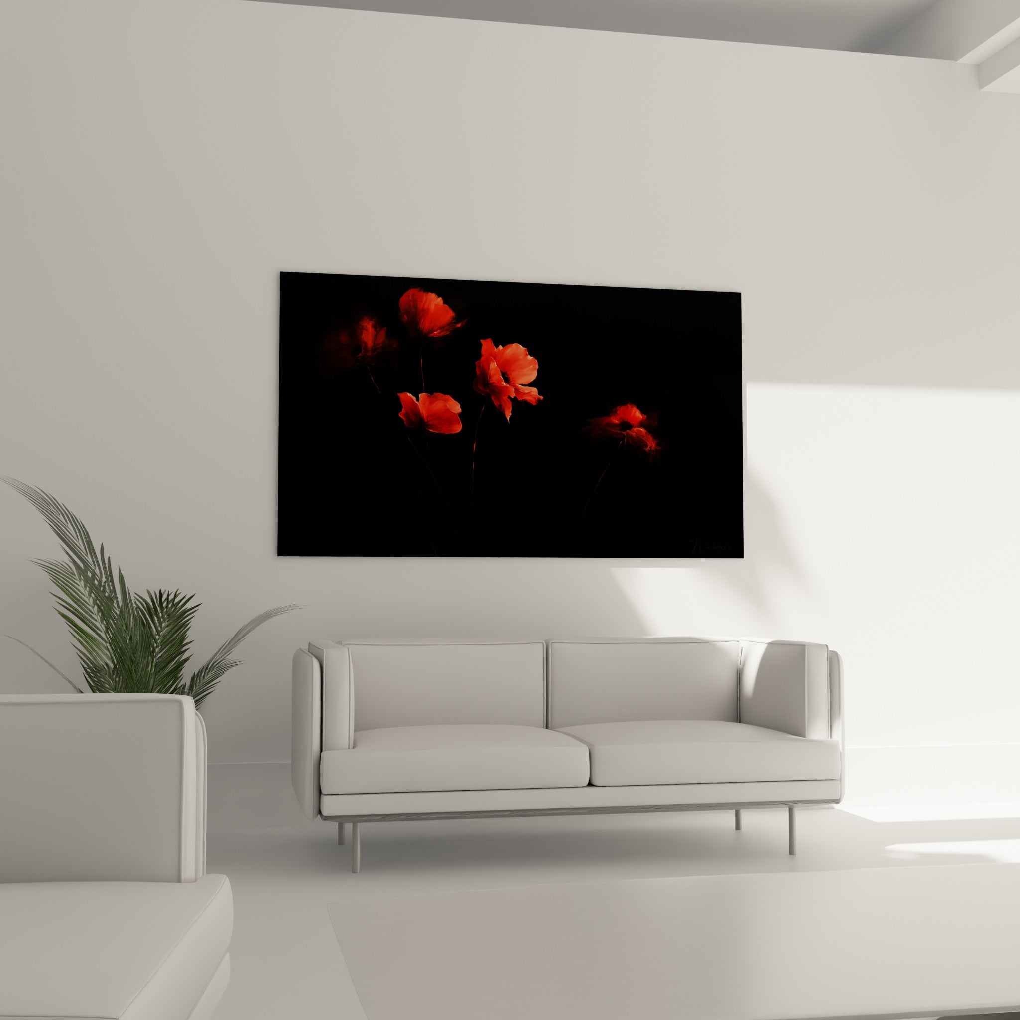 Fleurs de coquelicot rouge éclatant au-dessus d'un canapé dans un salon lumineux, contraste marqué.