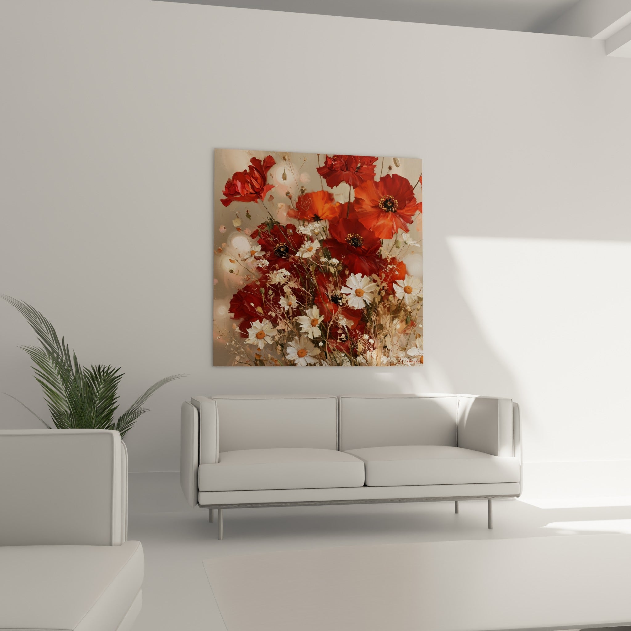 Composition florale rouge et blanche aux tiges fines au-dessus d'un canapé dans un salon lumineux