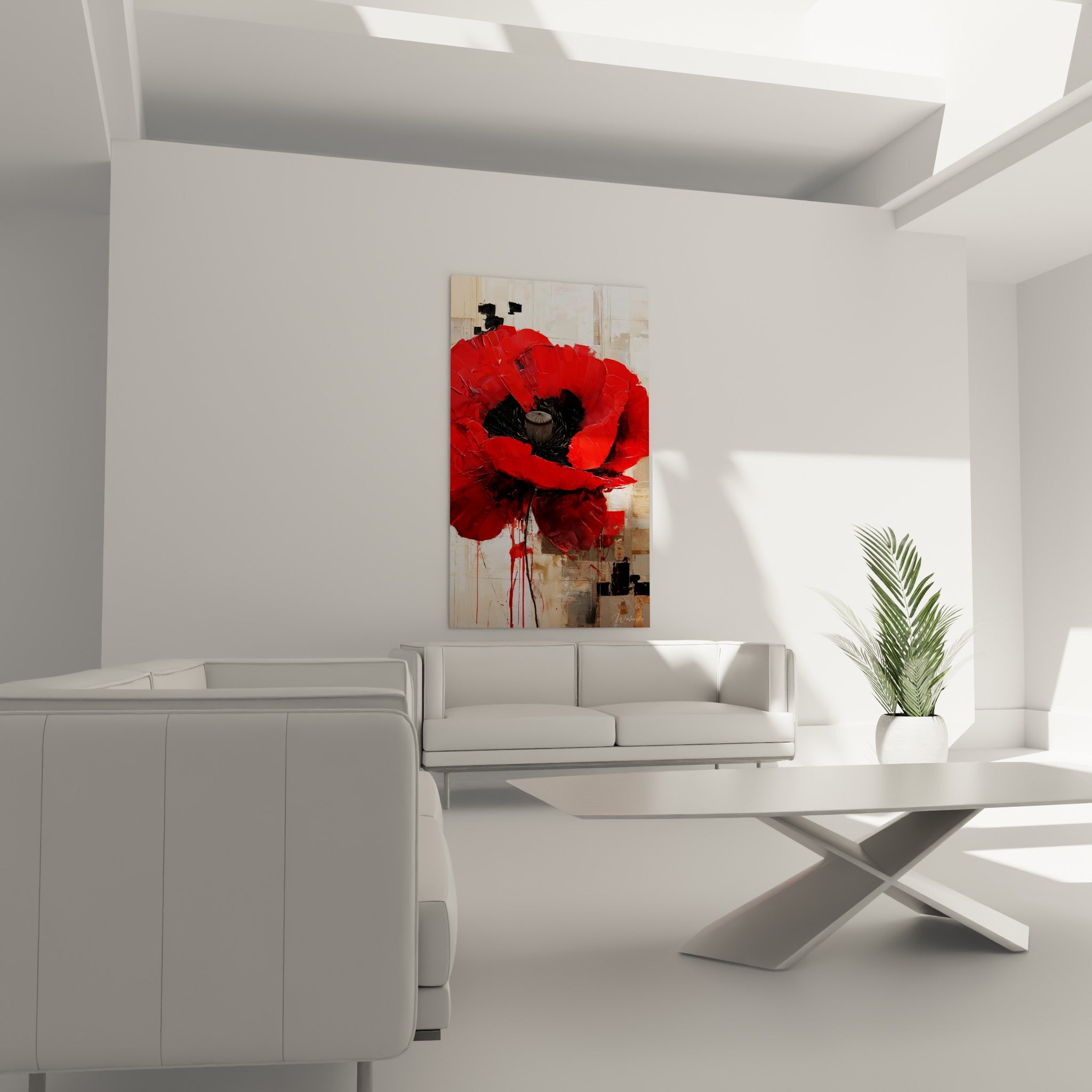 Pétales rouges et cœur noir d'un coquelicot peint en relief, tableau placé au-dessus d'un canapé dans un salon lumineux