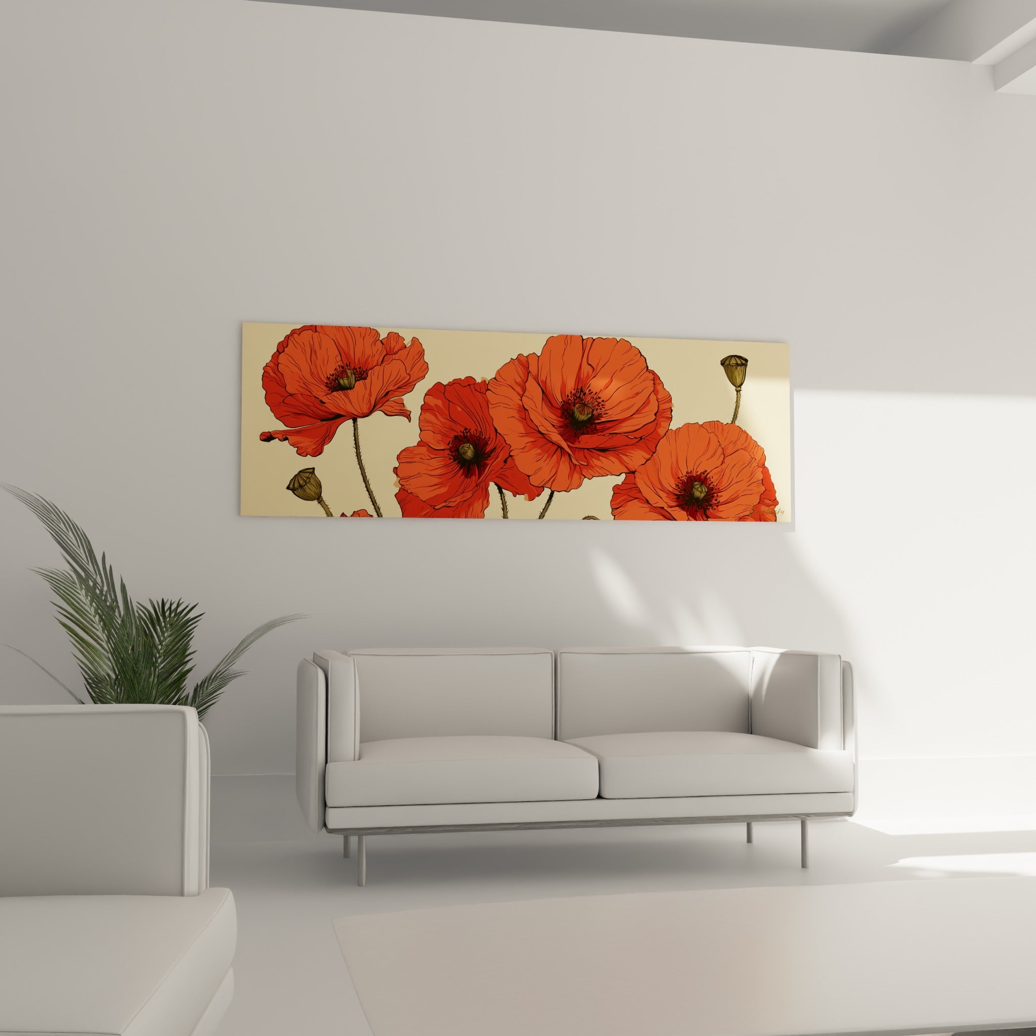 Bouquet de coquelicots rouge orangé et fond beige suspendu au-dessus d'un canapé dans un salon lumineux