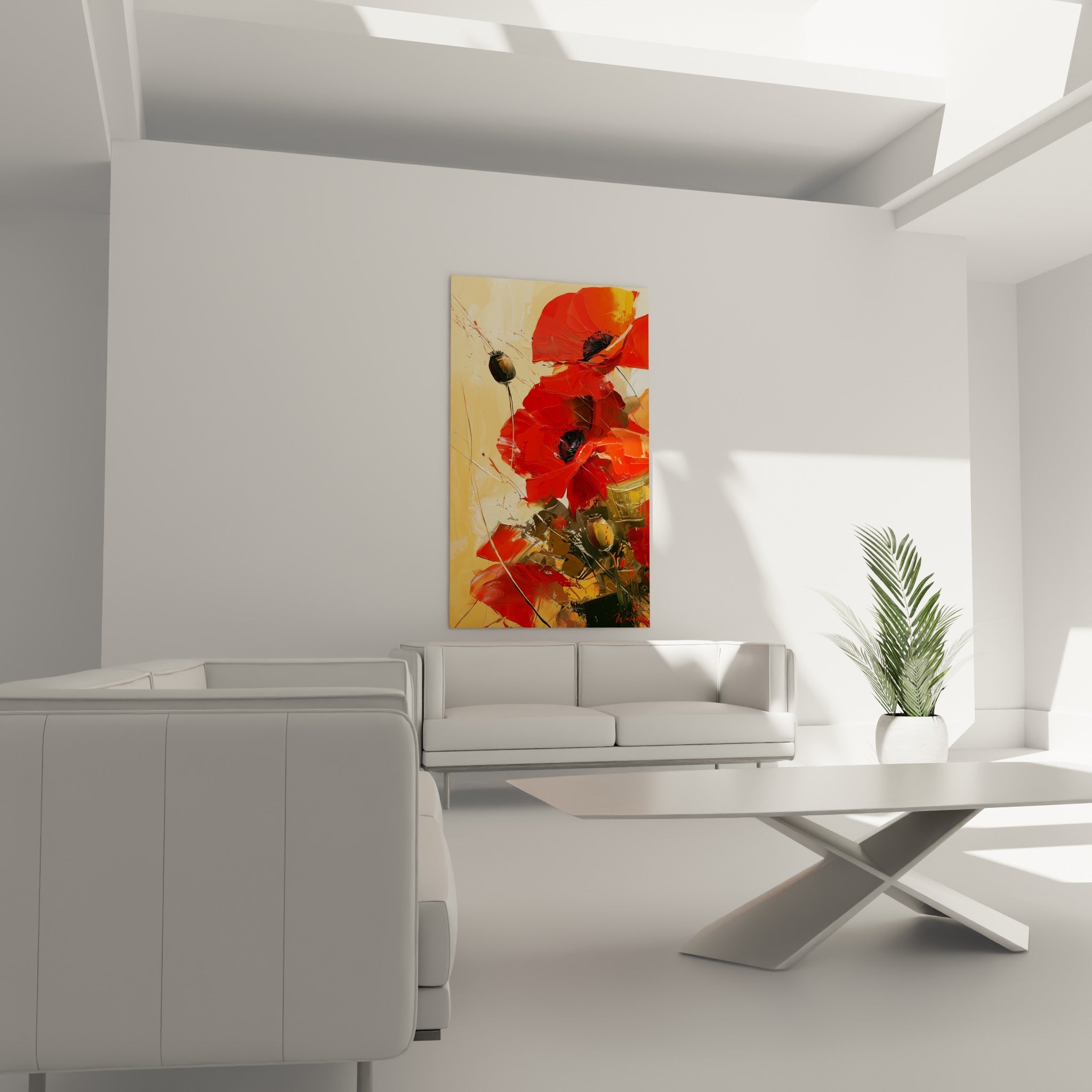 Fleurs de coquelicot rouge et vert olive au-dessus d'un canapé dans un salon lumineux