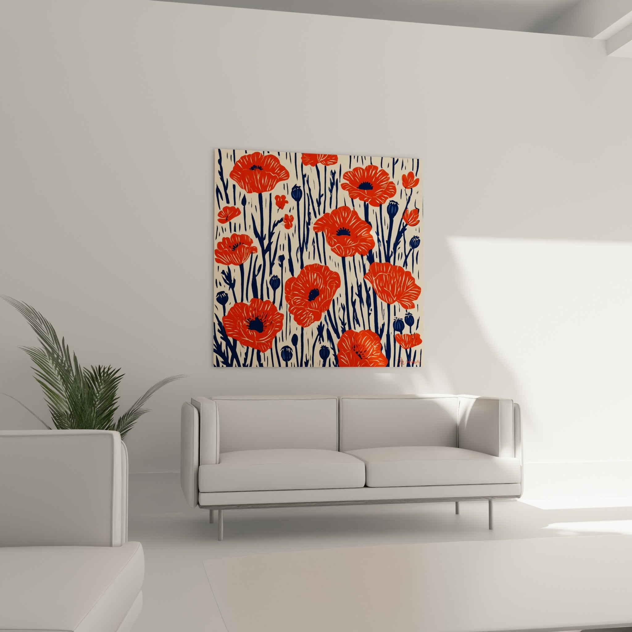 Fleurs de coquelicot rouge vif et tiges sombres accrochées au-dessus d'un canapé dans un salon lumineux
