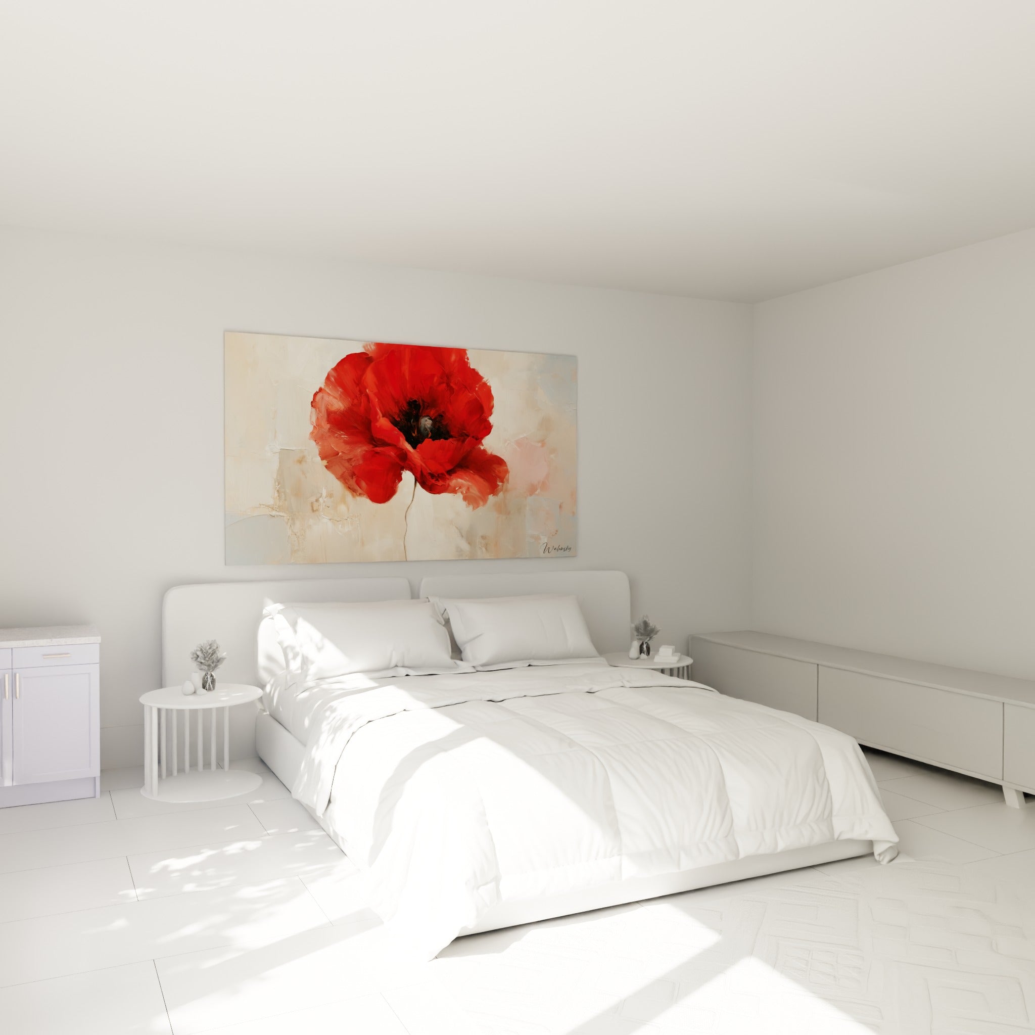 Fleur rouge peinte à l'huile sur fond beige pastel accrochée au-dessus d'un lit dans une chambre claire