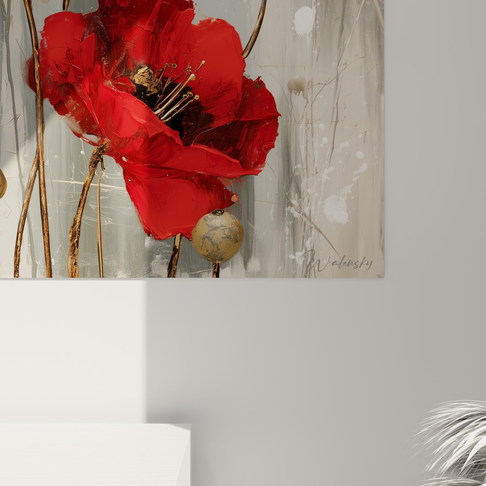 Empâtements rouge sang et coulures dorées visibles de près, grain du fond gris et blanc éclaboussé