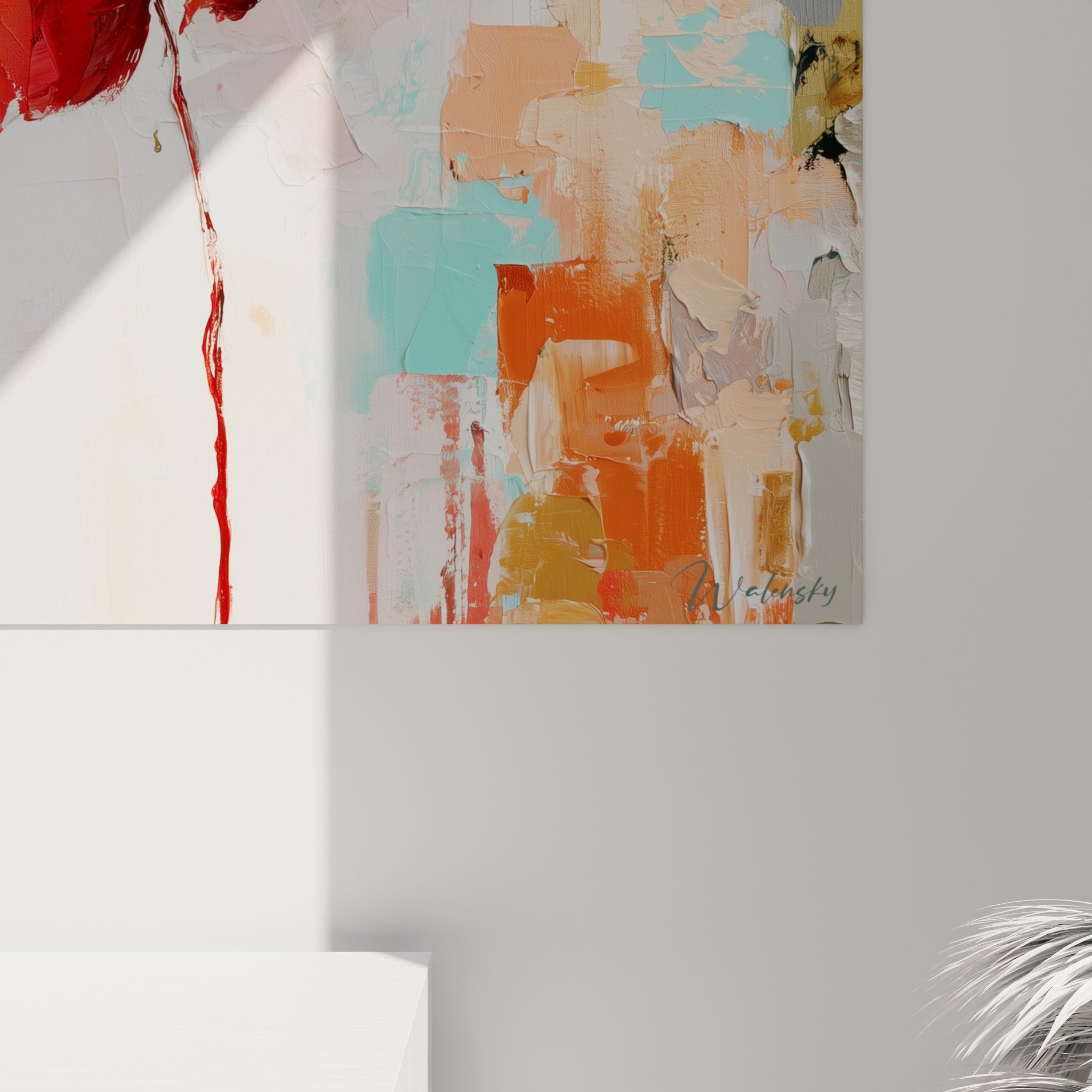 Empâtements rouges et coulures de peinture se mêlent au grain turquoise et corail du fond