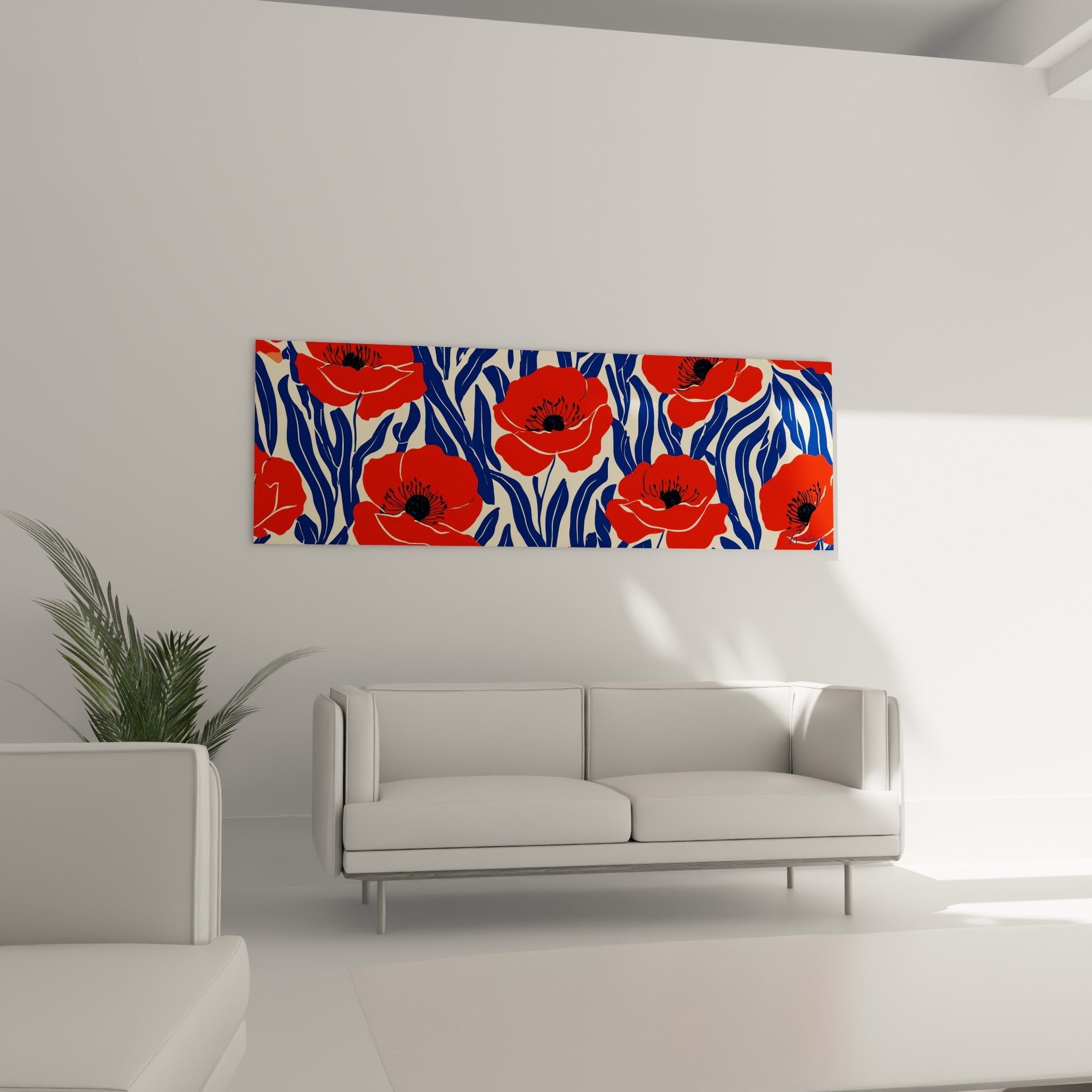 Motif coquelicot rouge et bleu marine disposé au-dessus d'un canapé dans un salon lumineux