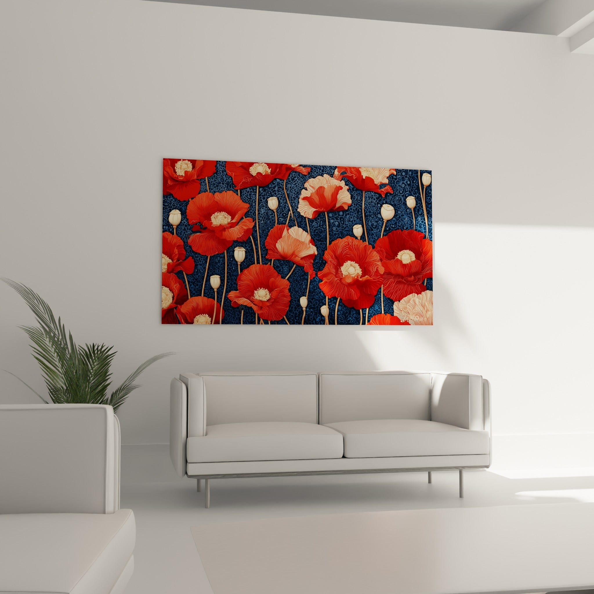 Motifs floraux rouge corail et bleu nuit accrochés au-dessus d'un canapé dans un salon lumineux