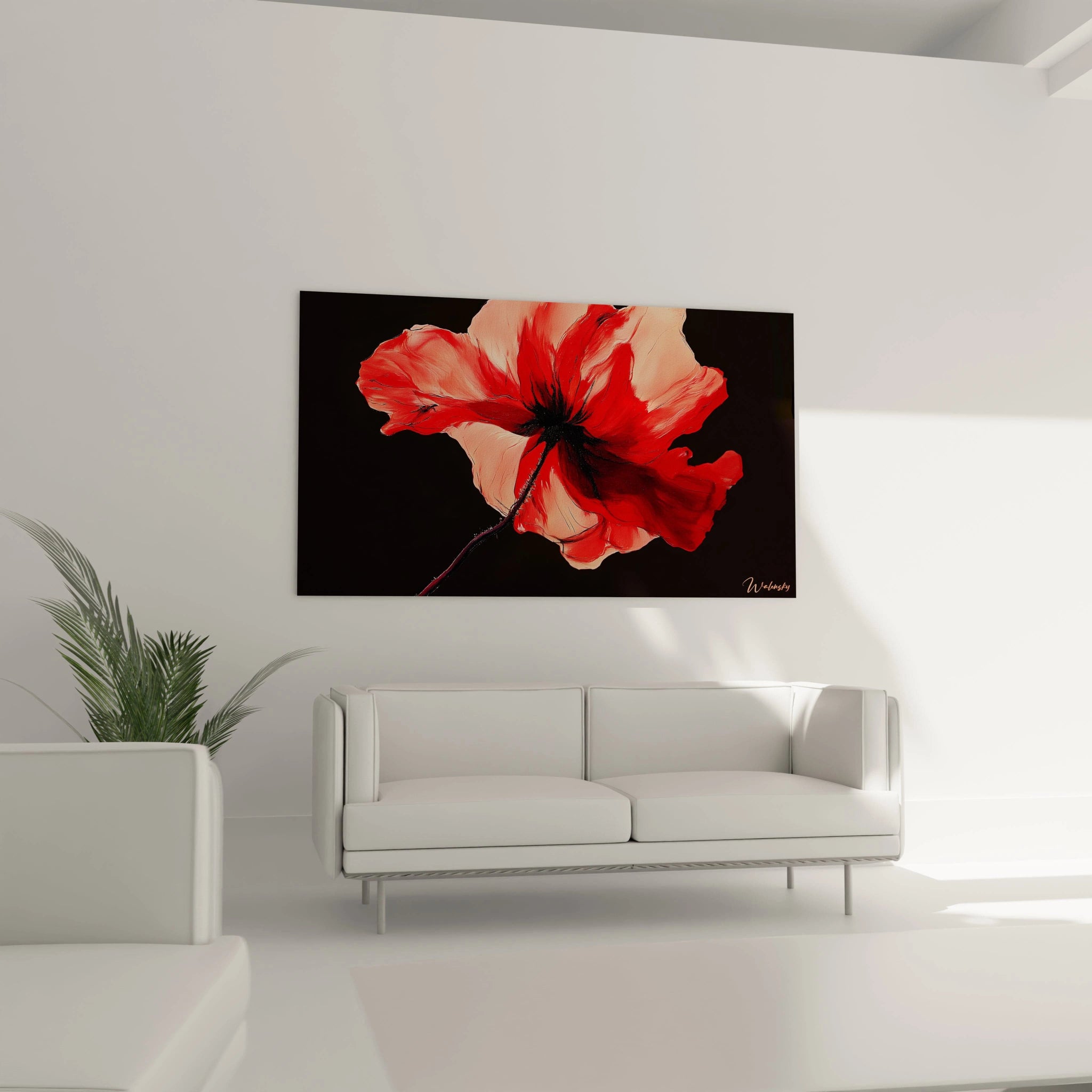 Un tableau coquelicot nature montrant un coquelicot aux formes ondulées, peint en rouge et beige, avec un fond noir uni et des textures légÚrement marquées autour des contours de la fleur.