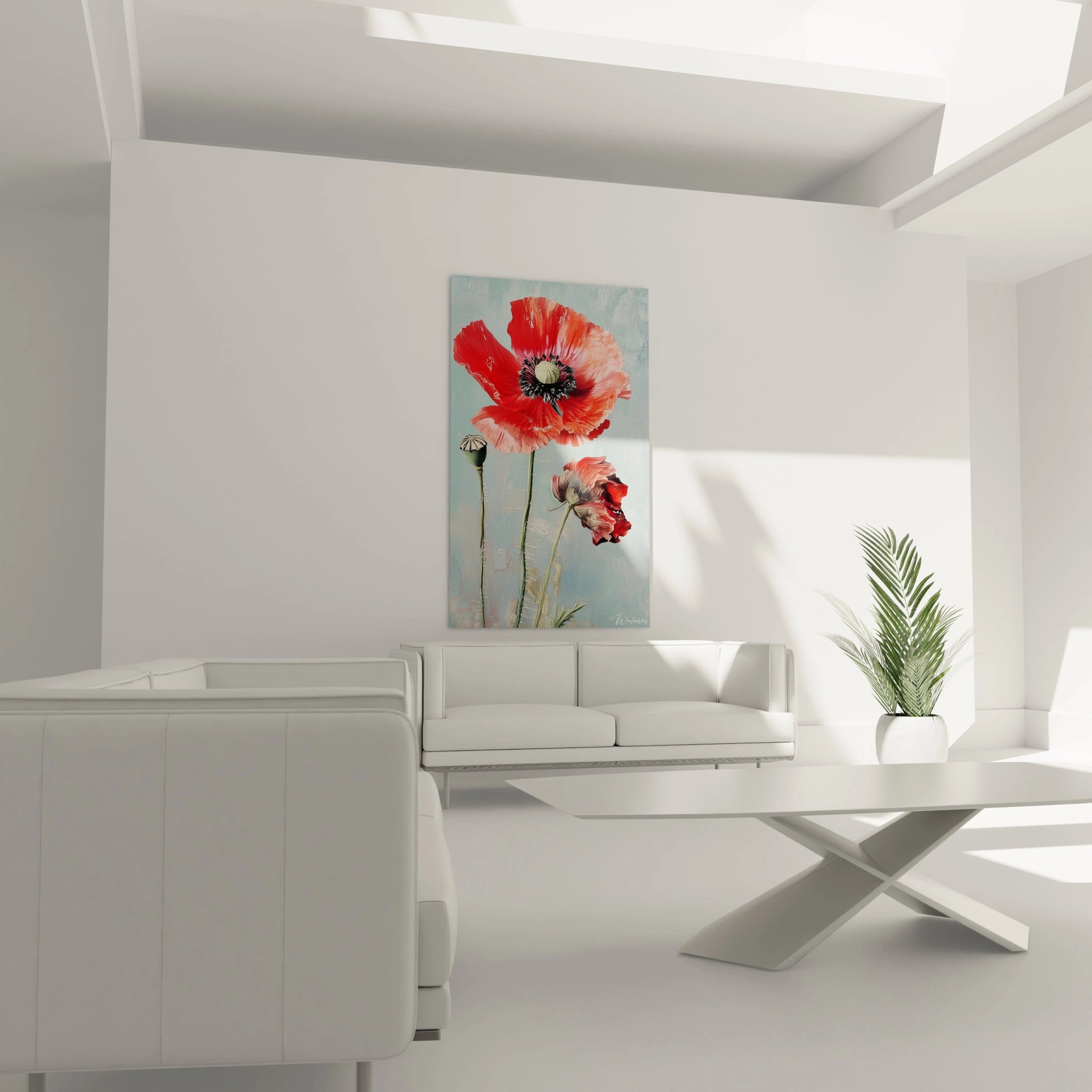 Un tableau coquelicot nature mettant en avant des fleurs rouges Ă©clatantes aux pĂ©tales lĂ©gĂšrement froissĂ©s, accompagnĂ©es de tiges vertes et dâun arriĂšre-plan bleu aux nuances douces et estompĂ©es.