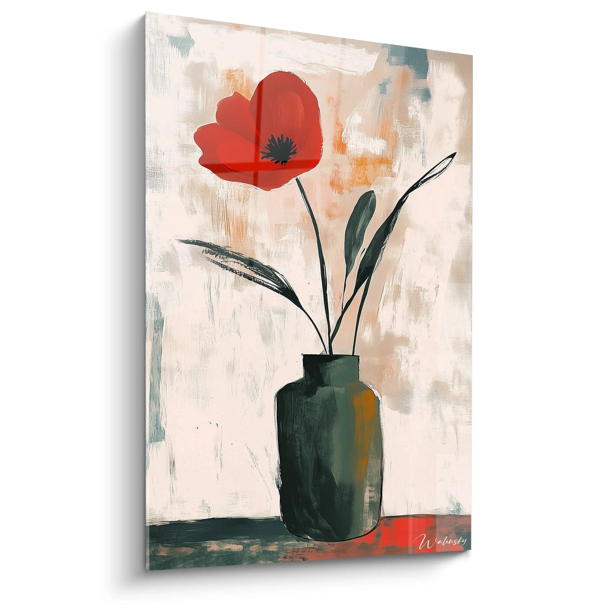 Un tableau coquelicot nature montrant une fleur rouge au centre, sur fond beige et vert. Des textures lisses et des effets de matière créent des reliefs subtils.