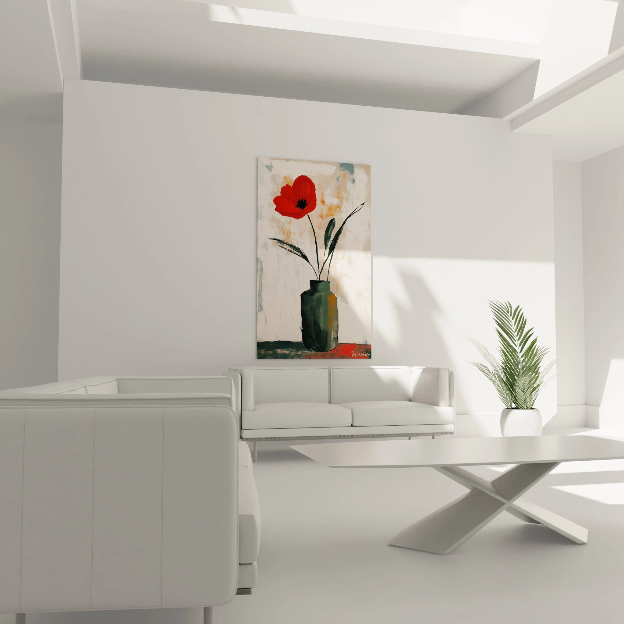 Un tableau coquelicot nature représentant une fleur rouge vive sur fond beige, des feuilles sombres et des textures à l’arrière-plan pour un effet légèrement abstrait.