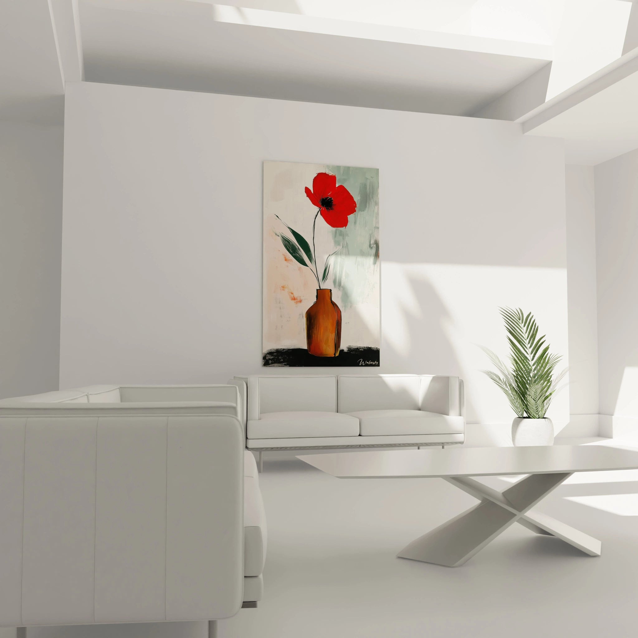 Un tableau coquelicot nature illustrant un vase marron contenant une tige fine et un coquelicot rouge, sur un fond beige et vert texturé aux effets de peinture expressive.