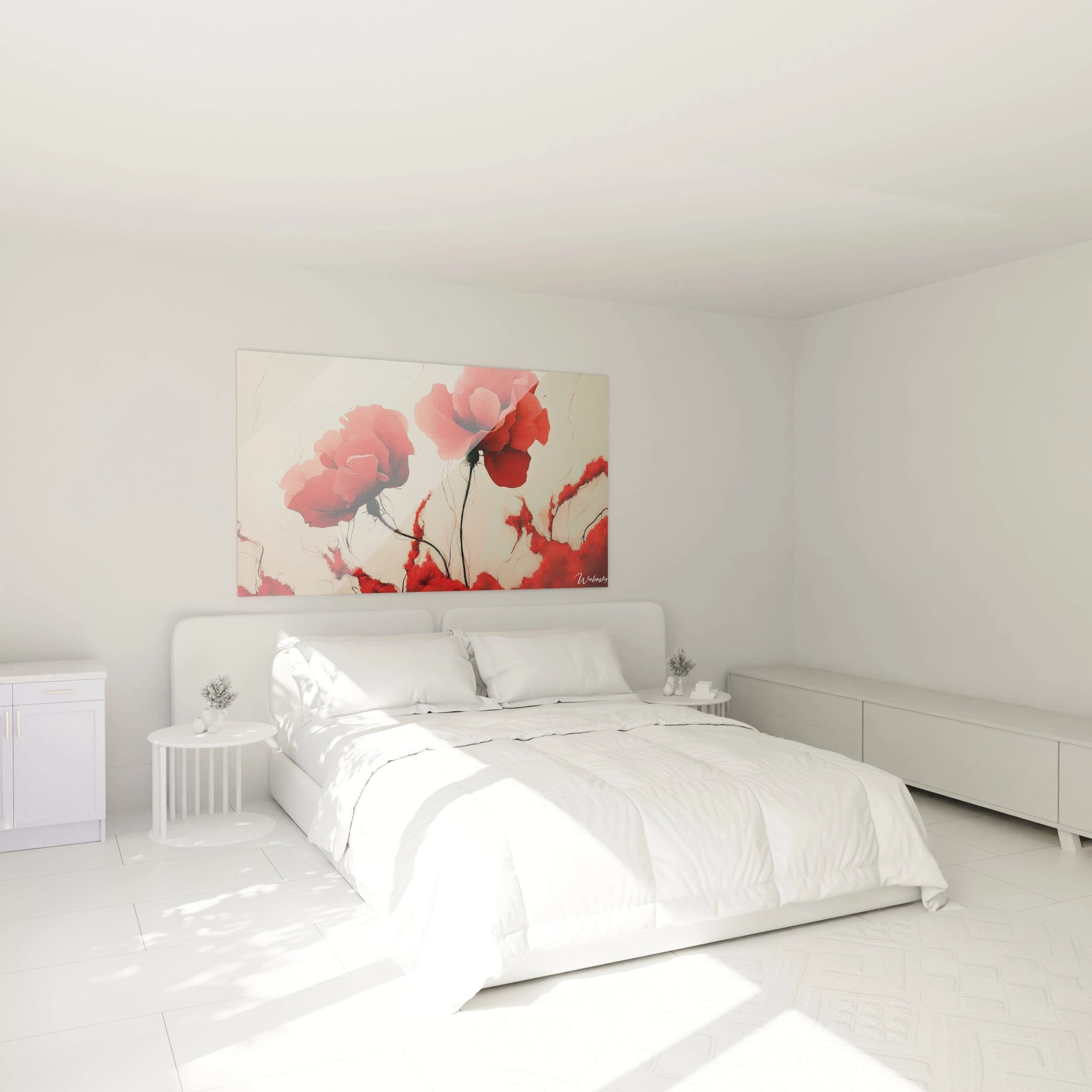 Un tableau coquelicot nature mettant en avant deux fleurs rouges aux pétales légÚrement déstructurés, avec des tiges noires et vertes sur un fond beige clair, agrémenté de traces abstraites rouges.