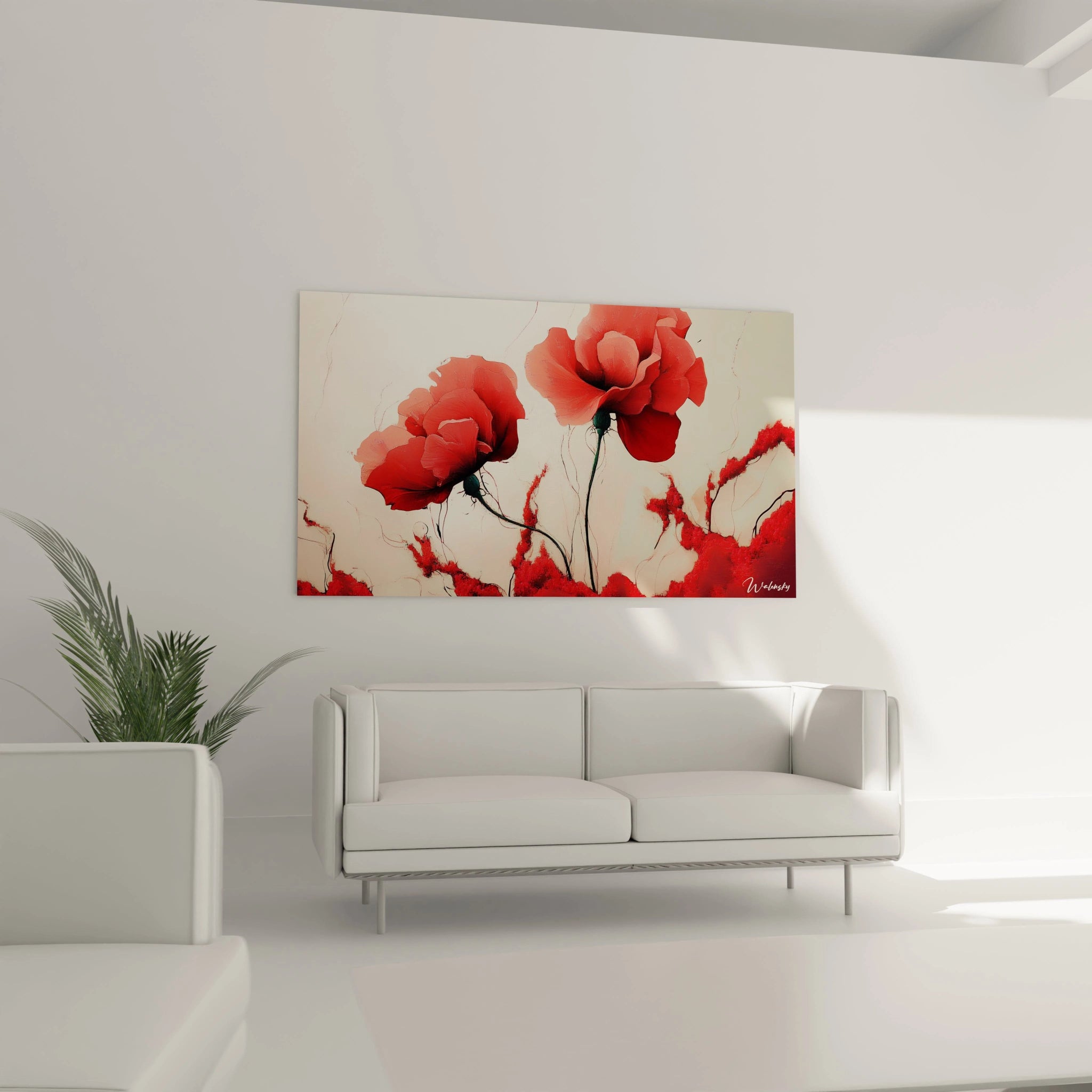 Un tableau coquelicot nature illustrant des coquelicots aux teintes rouges Ă©clatantes, accompagnĂ©s dâeffets de peinture texturĂ©e et de lignes dynamiques sur un fond clair aux nuances beige et blanc.