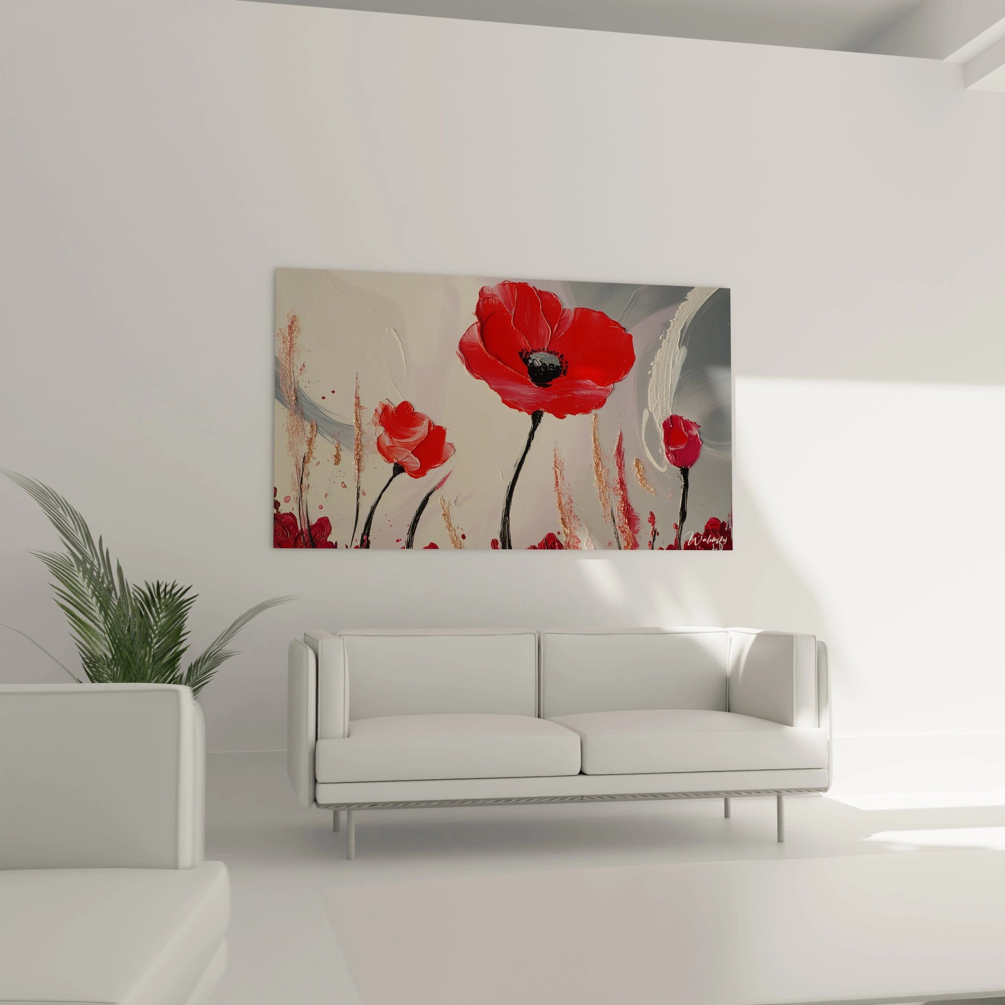 Un tableau coquelicot nature composĂ© de fleurs rouges aux contours Ă©pais et dâun arriĂšre-plan gris-beige, avec des effets de peinture en relief et des touches mĂ©talliques dispersĂ©es.