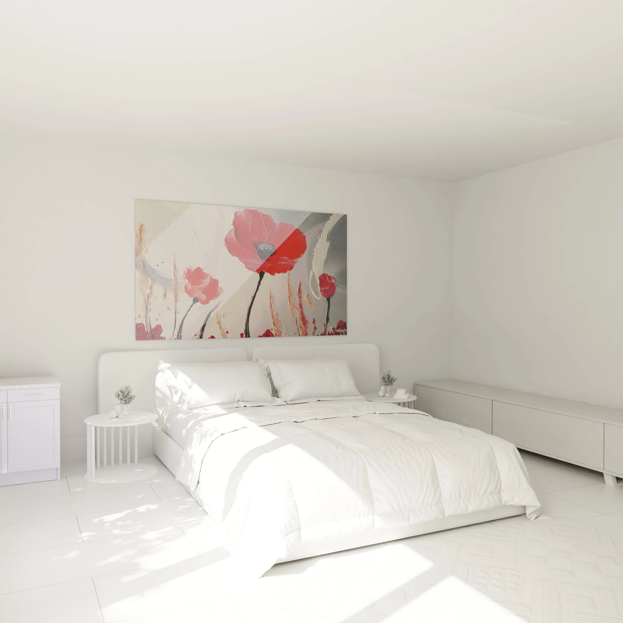 Un tableau coquelicot nature mettant en scÚne des coquelicots rouges aux tiges sombres, contrastant avec un fond gris clair et des nuances de blanc, accentué par des textures en relief.