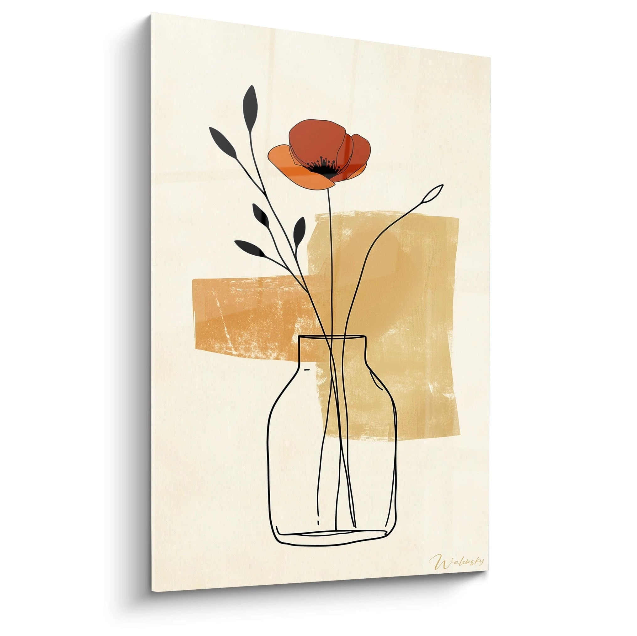 Un tableau coquelicot nature représentant une fleur rouge orangé aux traits noirs, dans un vase esquissé en noir, sur un fond beige texturé avec des formes abstraites ocres et marron.
