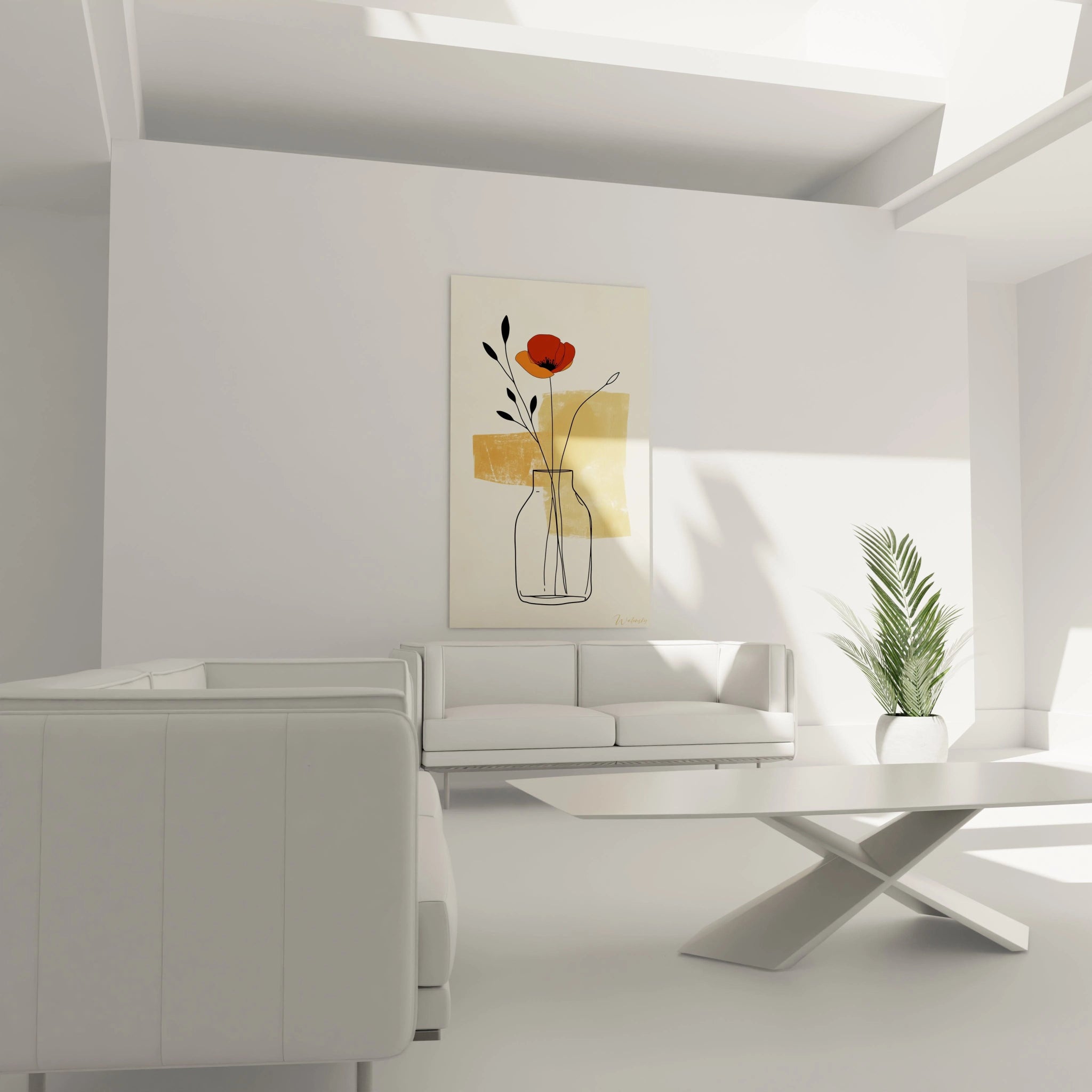 Un tableau coquelicot nature illustrant un coquelicot rouge orangé aux contours noirs, accompagné de feuilles noires, dans un vase finement dessiné sur un fond beige avec des touches abstraites marron.