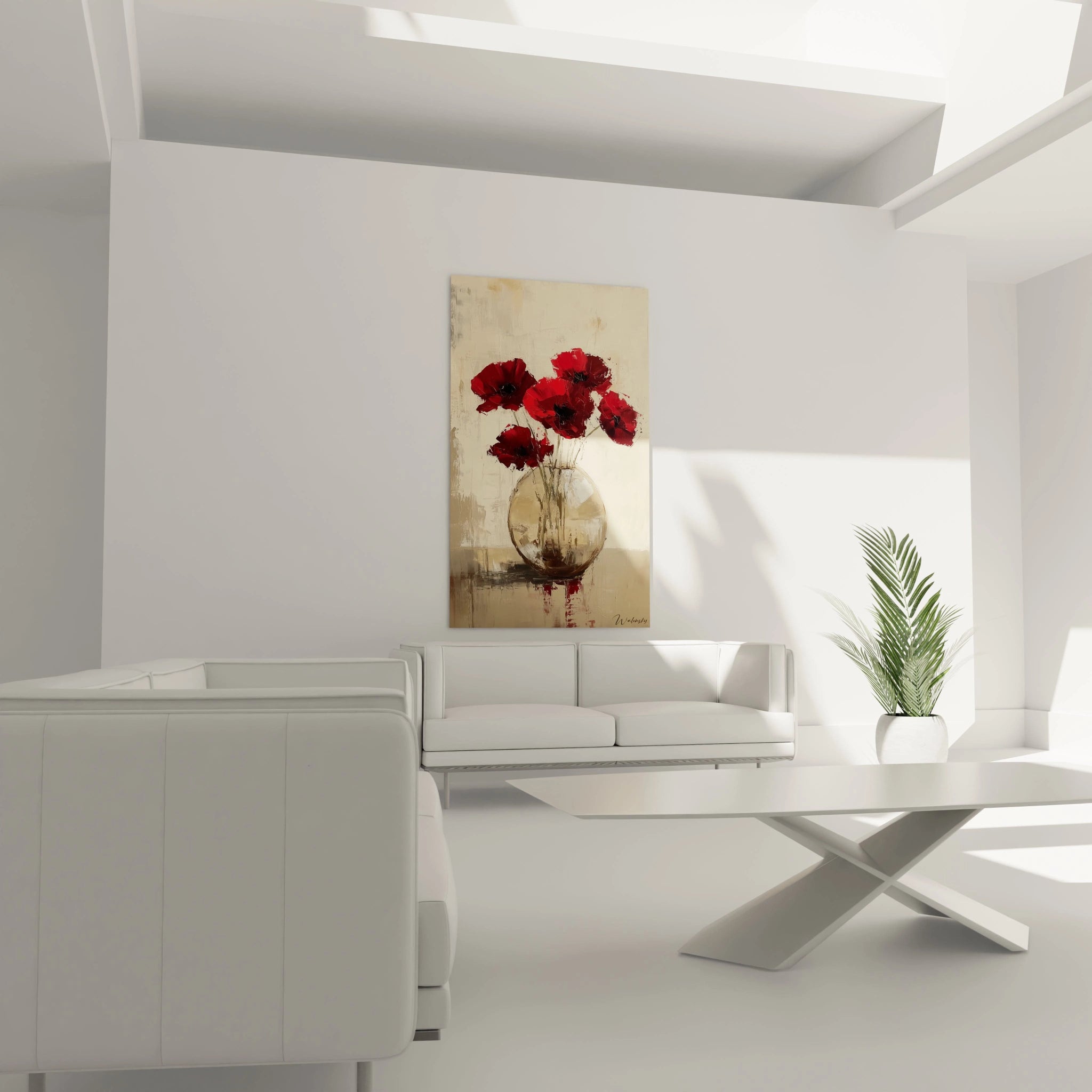 Un tableau coquelicot nature illustrant un vase transparent contenant des tiges fines et des coquelicots rouges, avec un arriÚre-plan beige et marron aux textures marquées et aux effets de superposition.